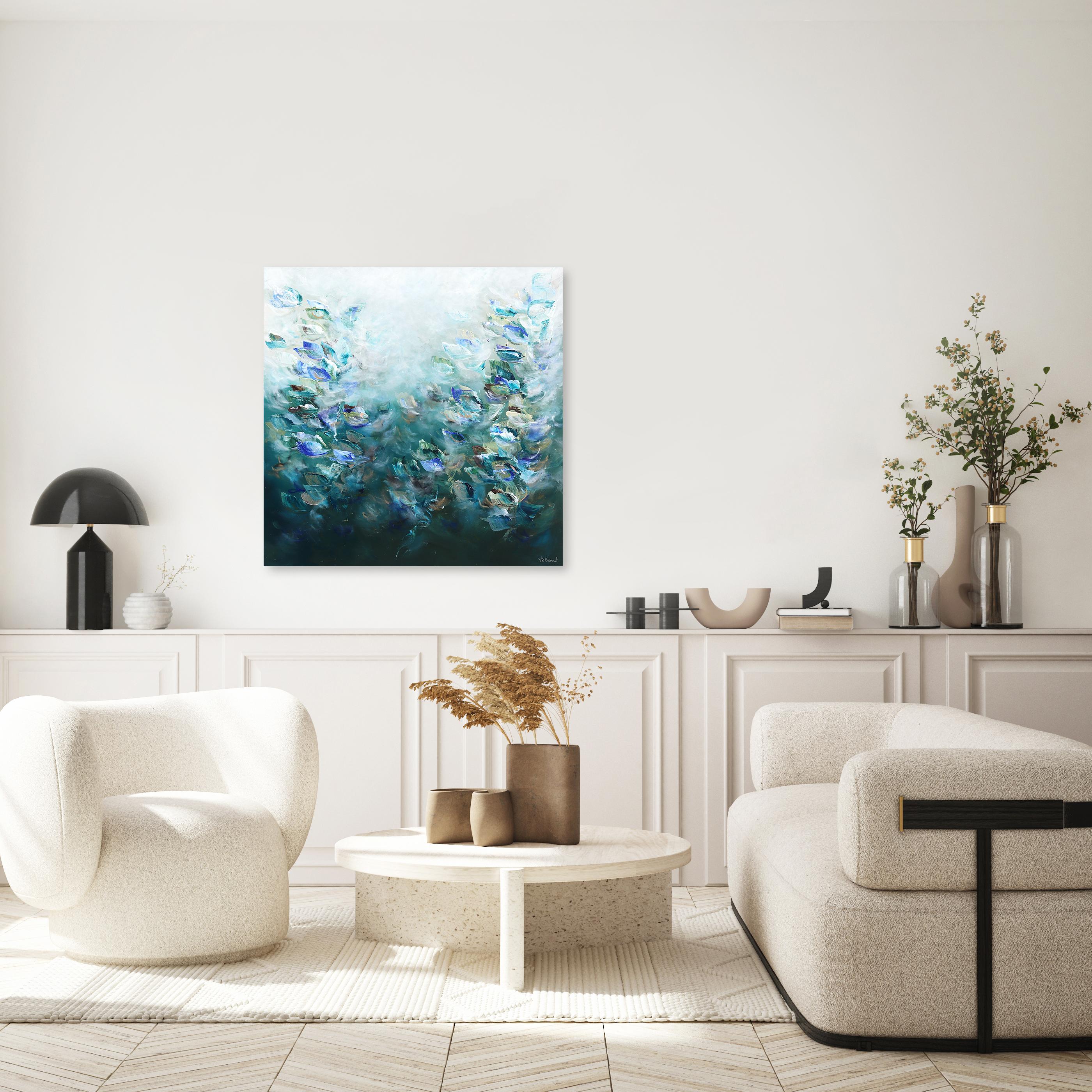 Miracle De La Vie – Abstraktes geblümtes Gemälde in Grün und Teal – Painting von Vè Boisvert