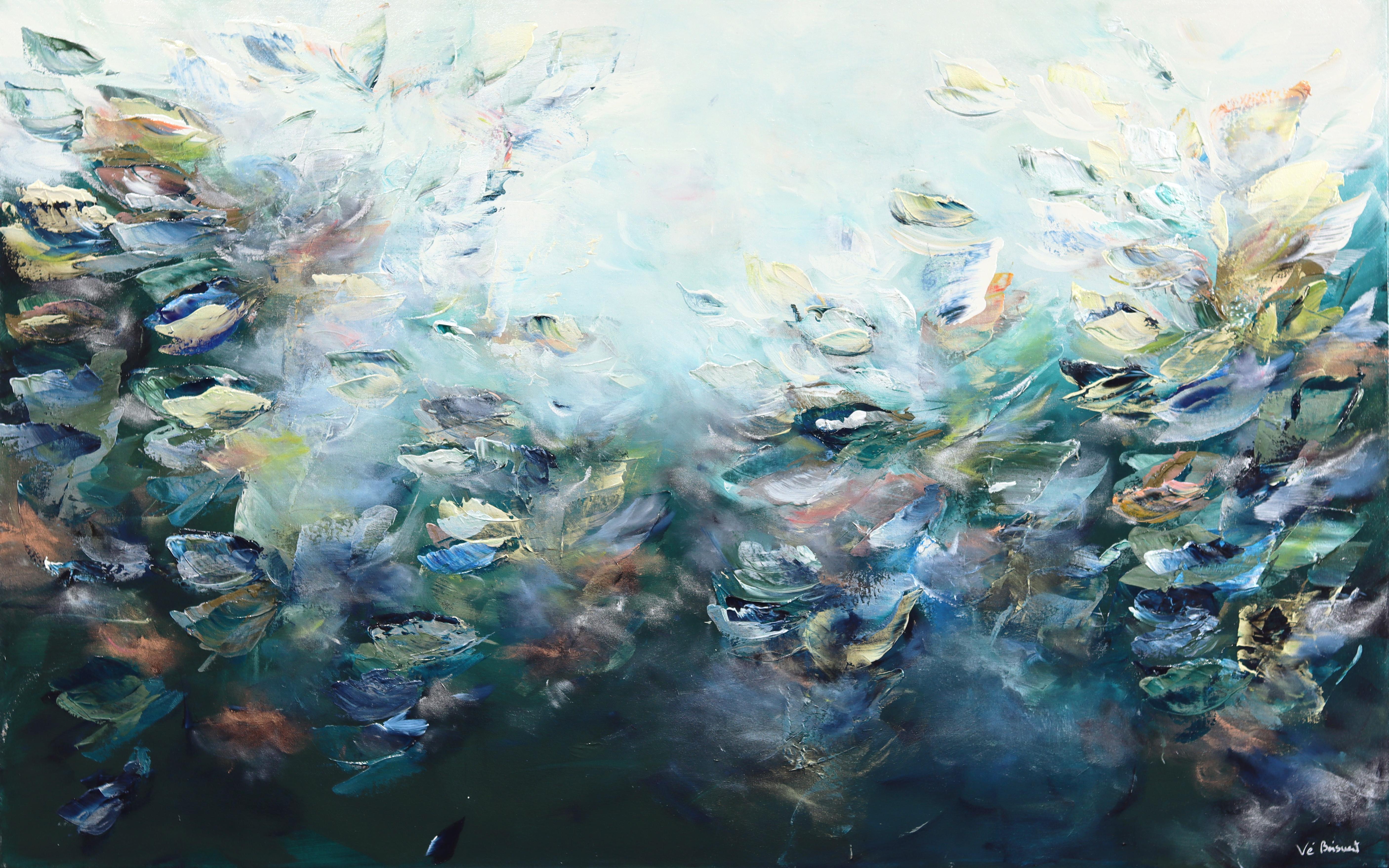 Ocean Bloom - Abstract Earthy Blue Tone Textural Acrylic Painting on Canvas - Mixed Media Art de Vè Boisvert