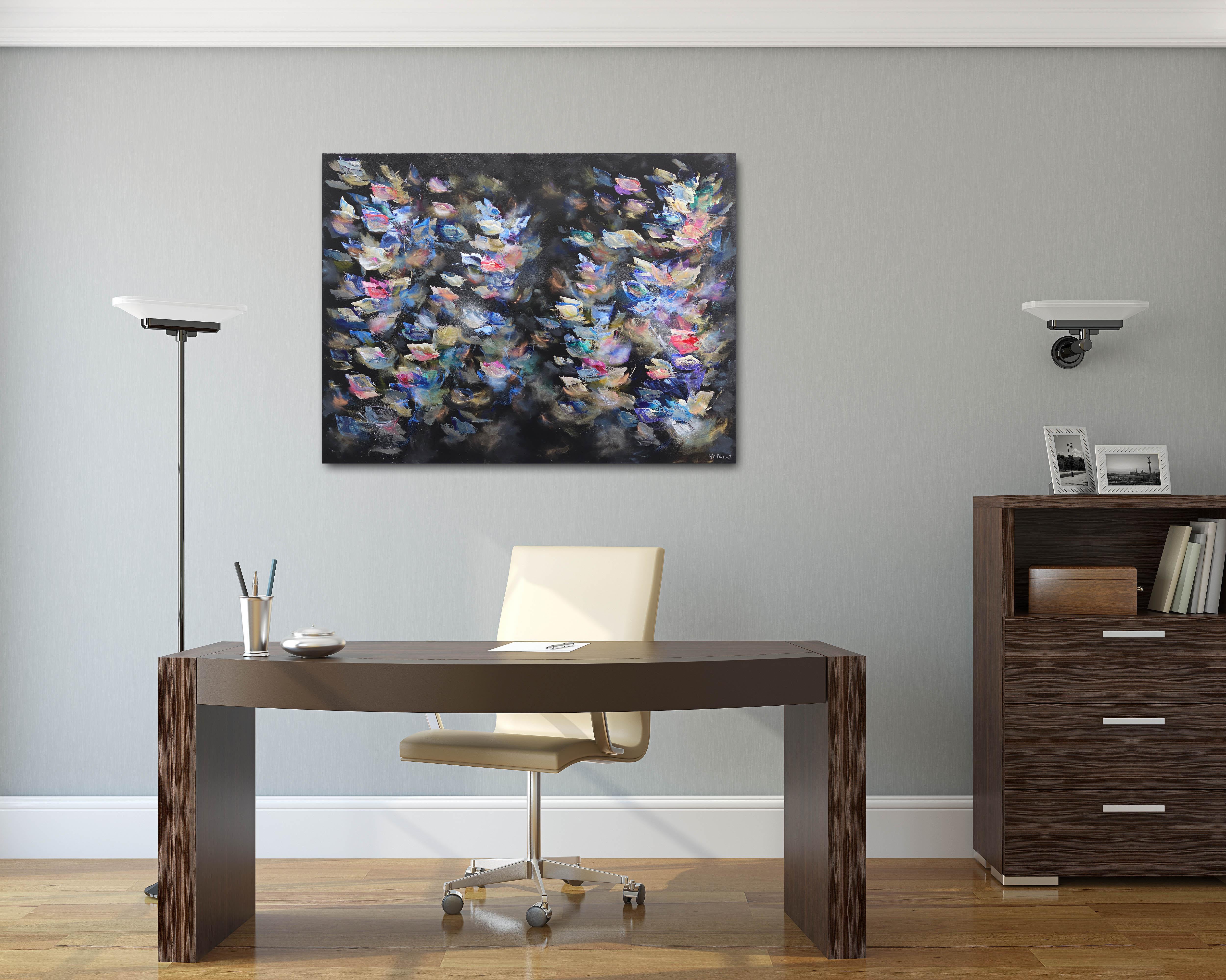 Gemälde in der Nacht – farbenfrohes abstraktes geblümtes Gemälde in Schwarz, Rosa und Blau – Painting von Vè Boisvert