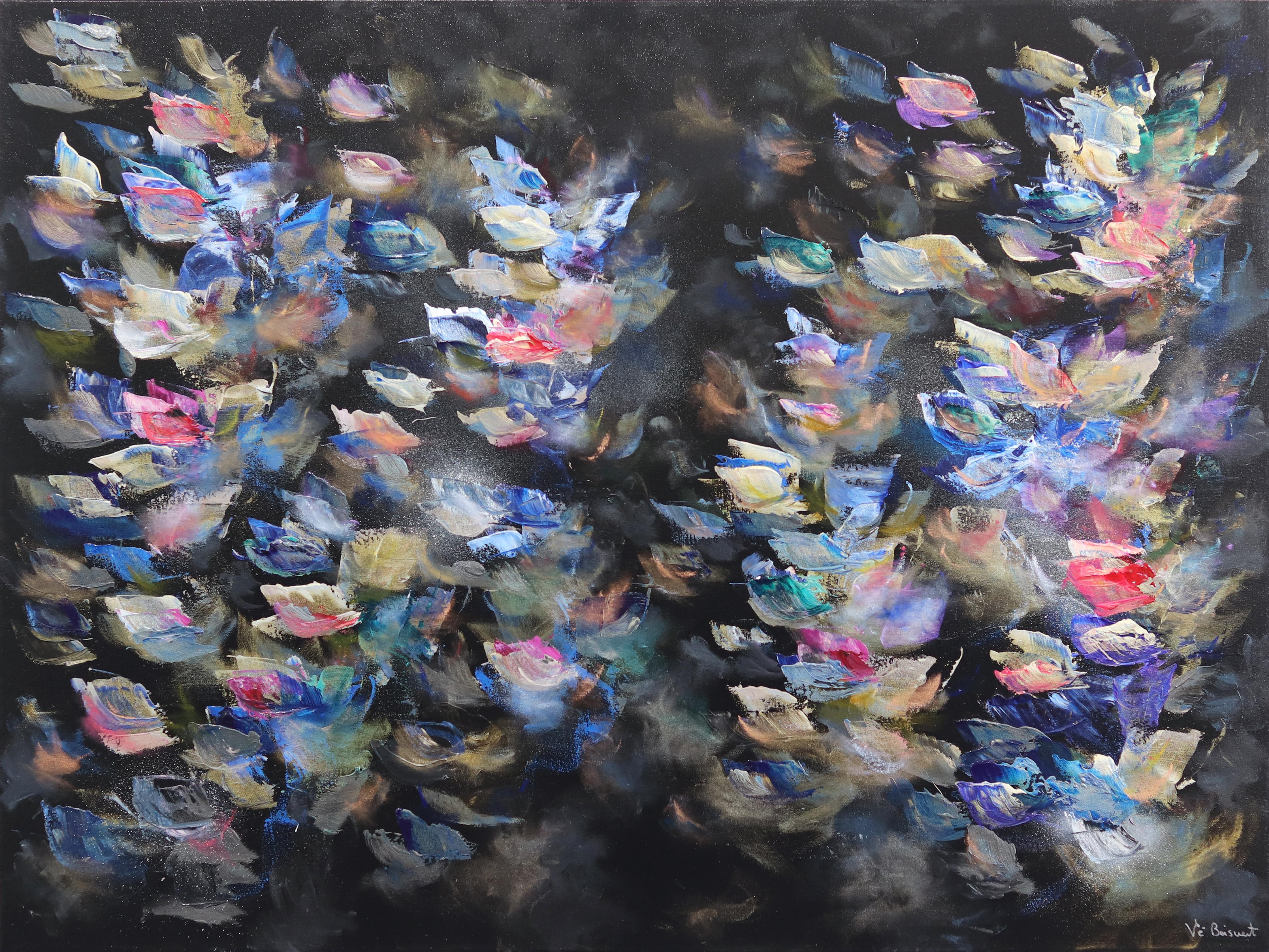 Vè Boisvert Landscape Painting – Gemälde in der Nacht – farbenfrohes abstraktes geblümtes Gemälde in Schwarz, Rosa und Blau