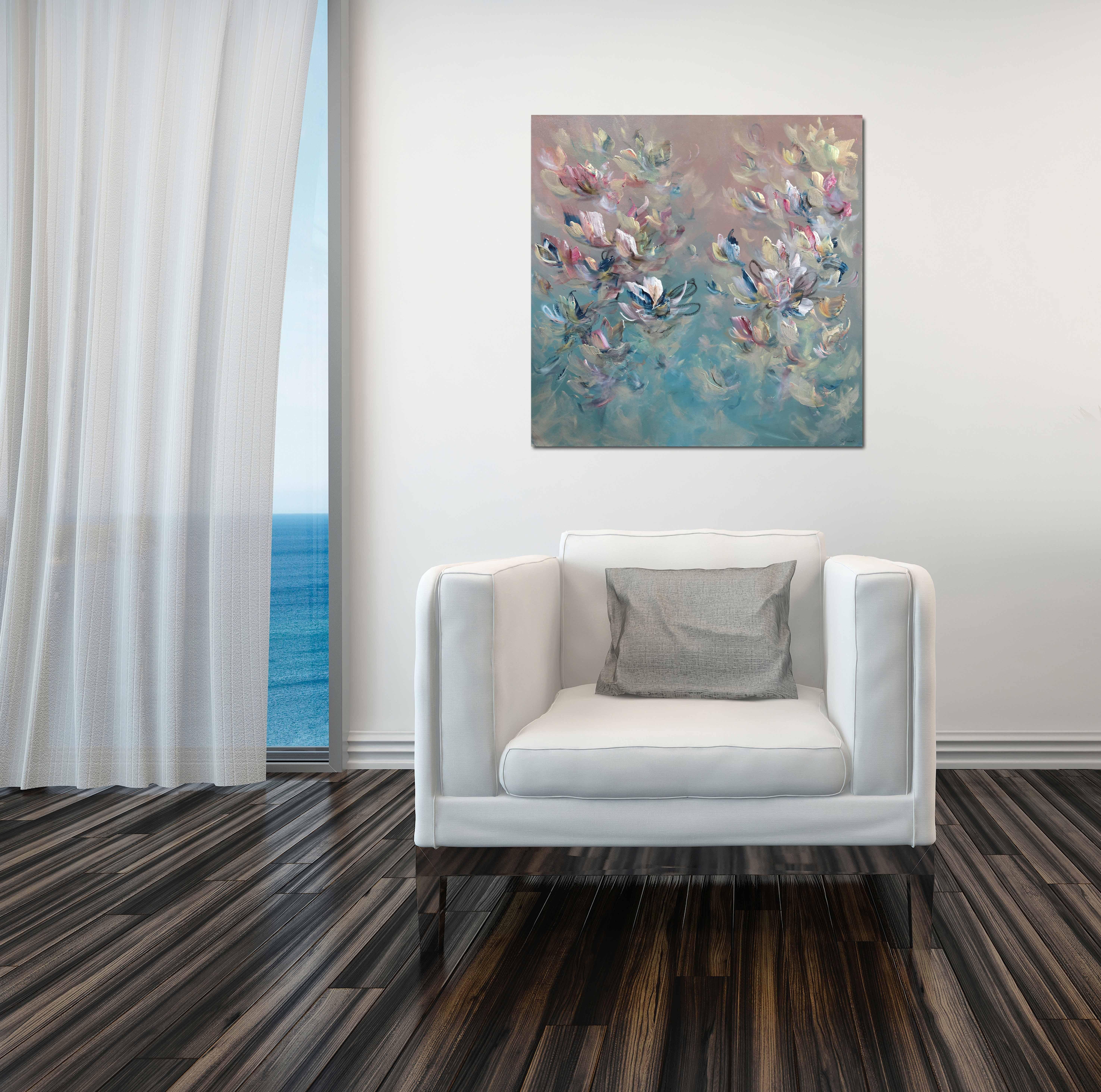 Peaceful Blessings - Serene Textural Pastel Palette Floral Abstract Painting For Sale 5
