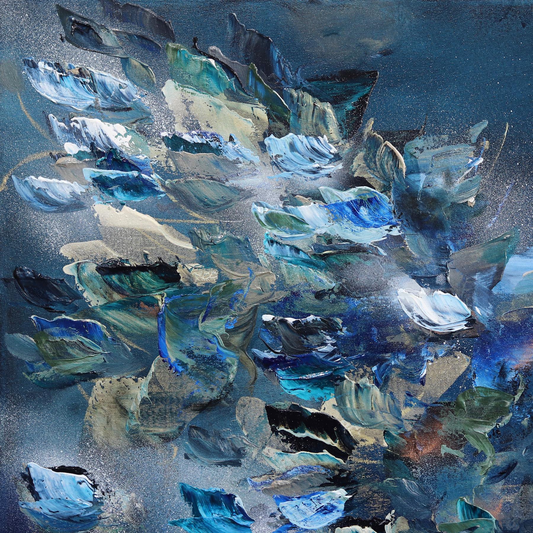 P'longer dans L'Ocean - Pittura astratta floreale di colore blu intenso - Painting Astratto di Vè Boisvert