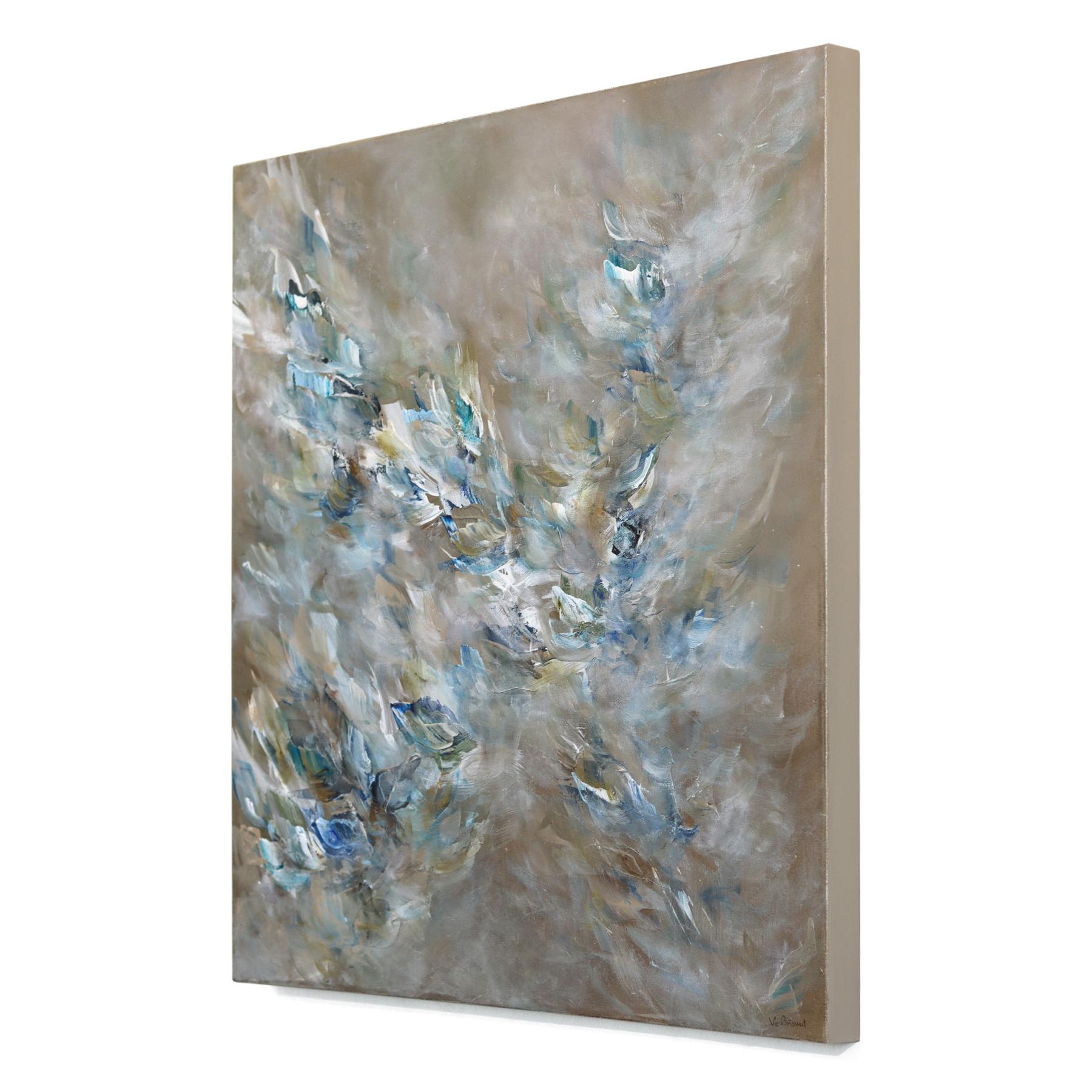 Sand Pearl - Abstract Luminous Cool Tone Textural Floral Acrylic Painting For Sale 1