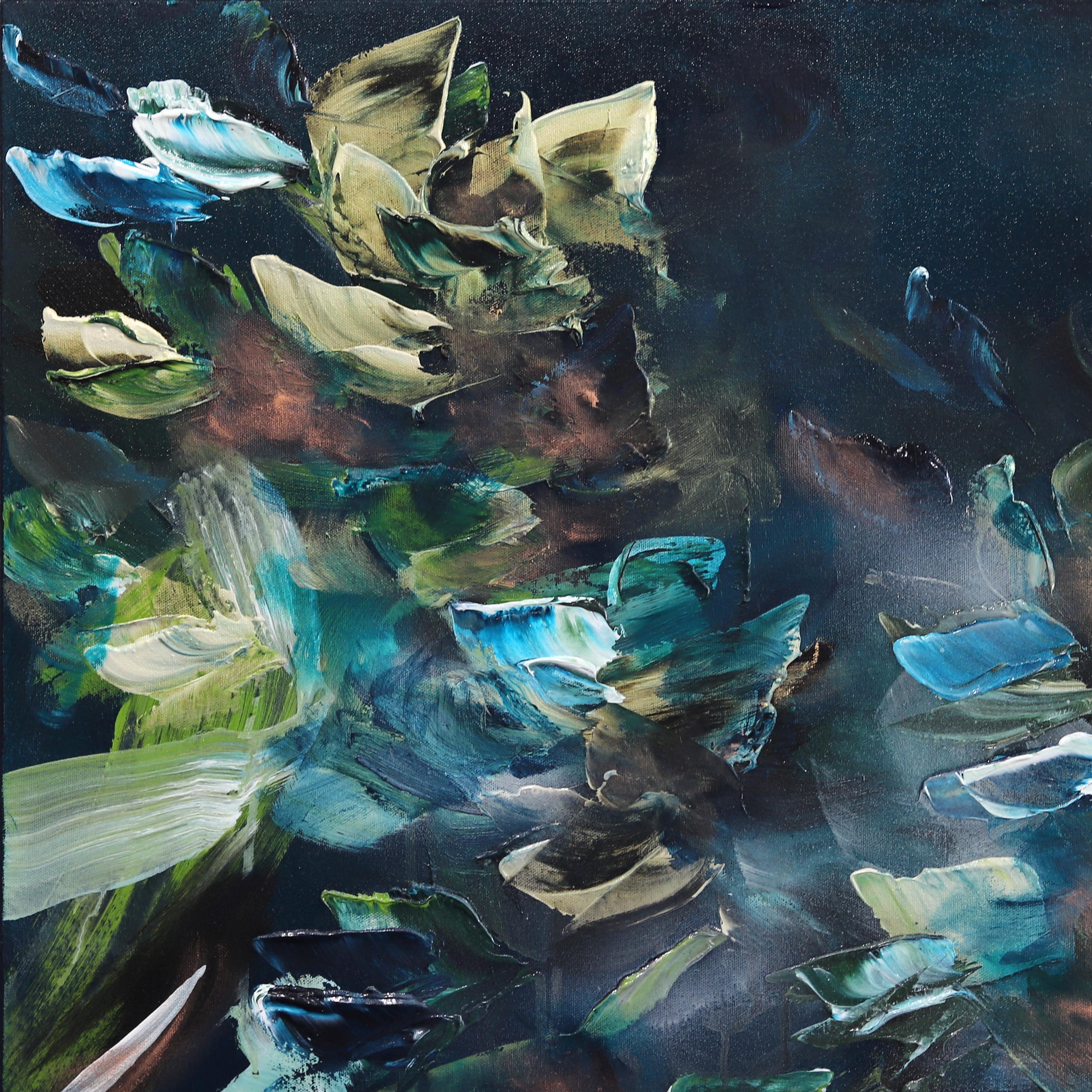 Sirene de Minuit - Original Luminous Blue Green Textural Abstract Flora Painting For Sale 5