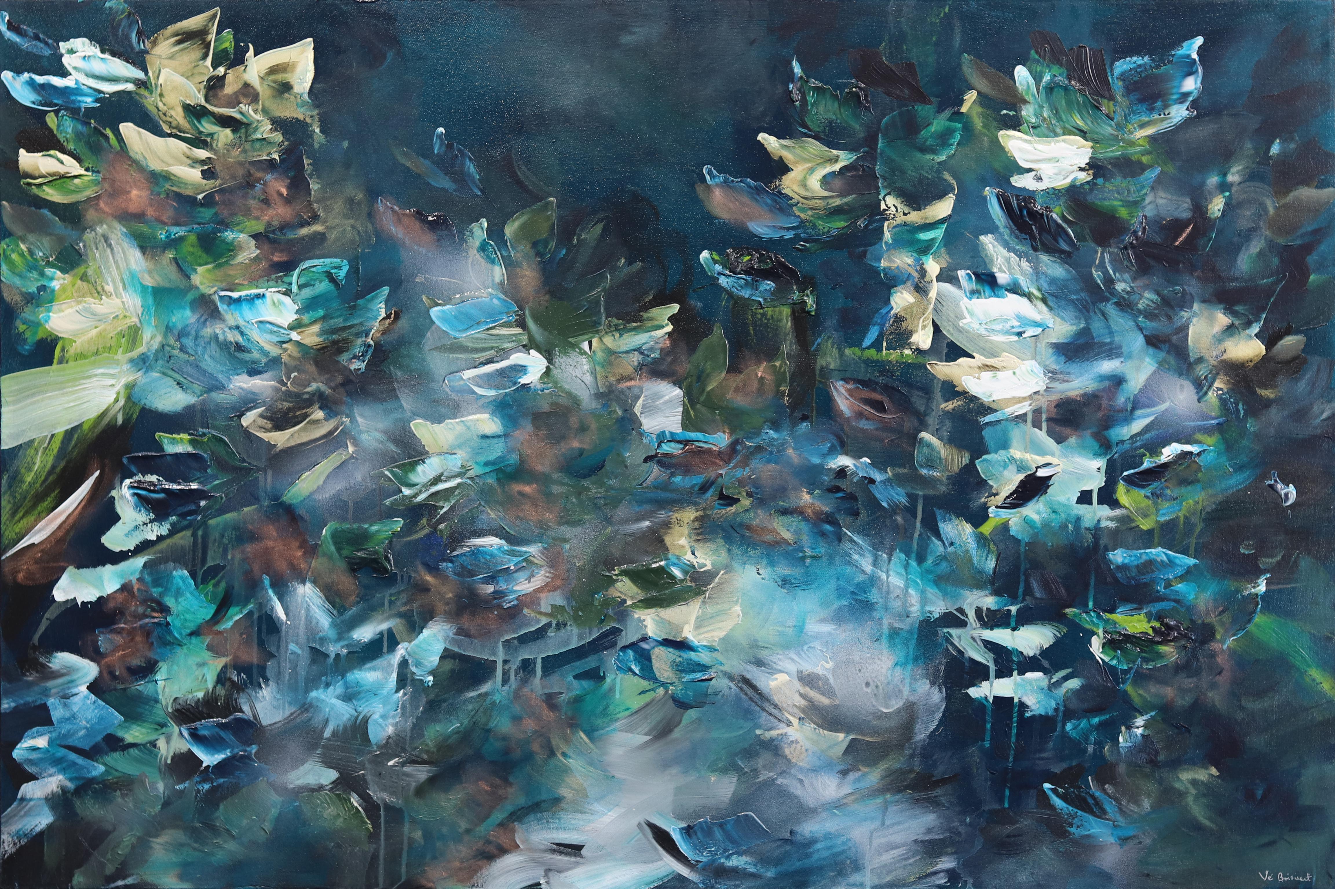 Vè Boisvert Abstract Painting - Sirene de Minuit - Original Luminous Blue Green Textural Abstract Flora Painting