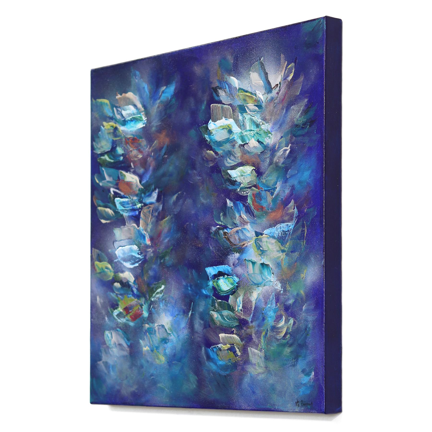 Snorkeling Together - Luminous Cool Tone Textural Abstract Floral Painting For Sale 1