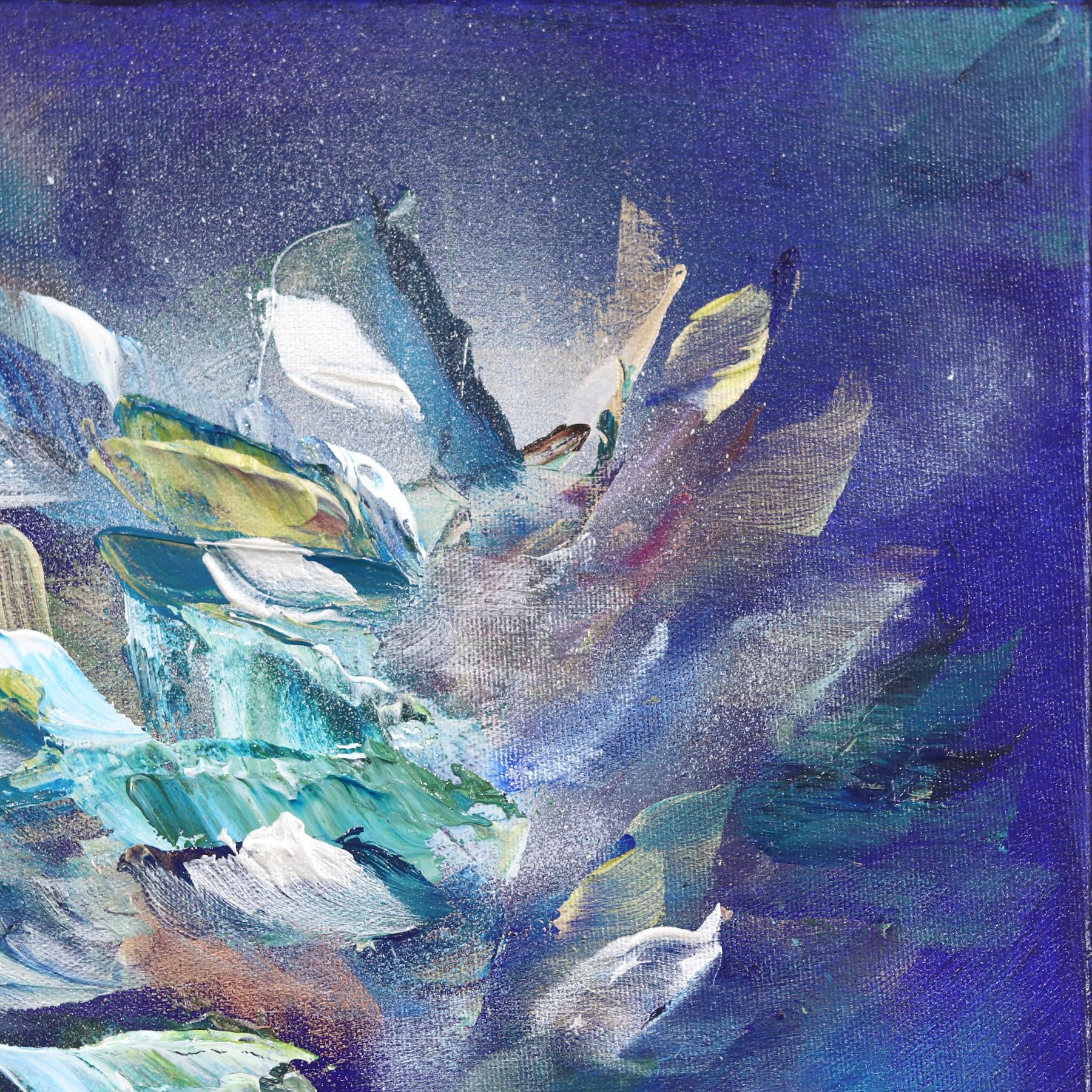 Snorkeling Together - Luminous Cool Tone Textural Abstract Floral Painting For Sale 2
