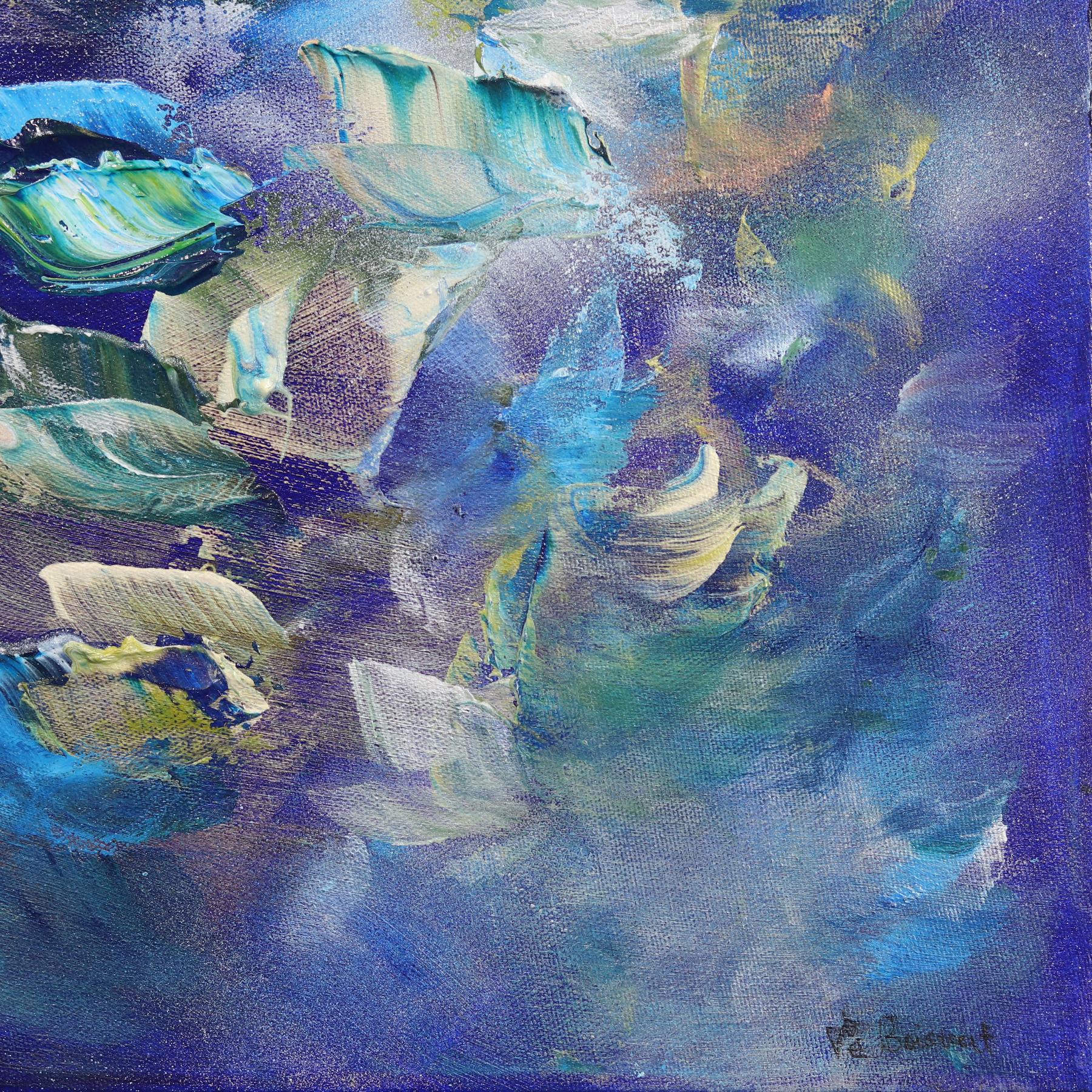 Snorkeling Together - Luminous Cool Tone Textural Abstract Floral Painting For Sale 5