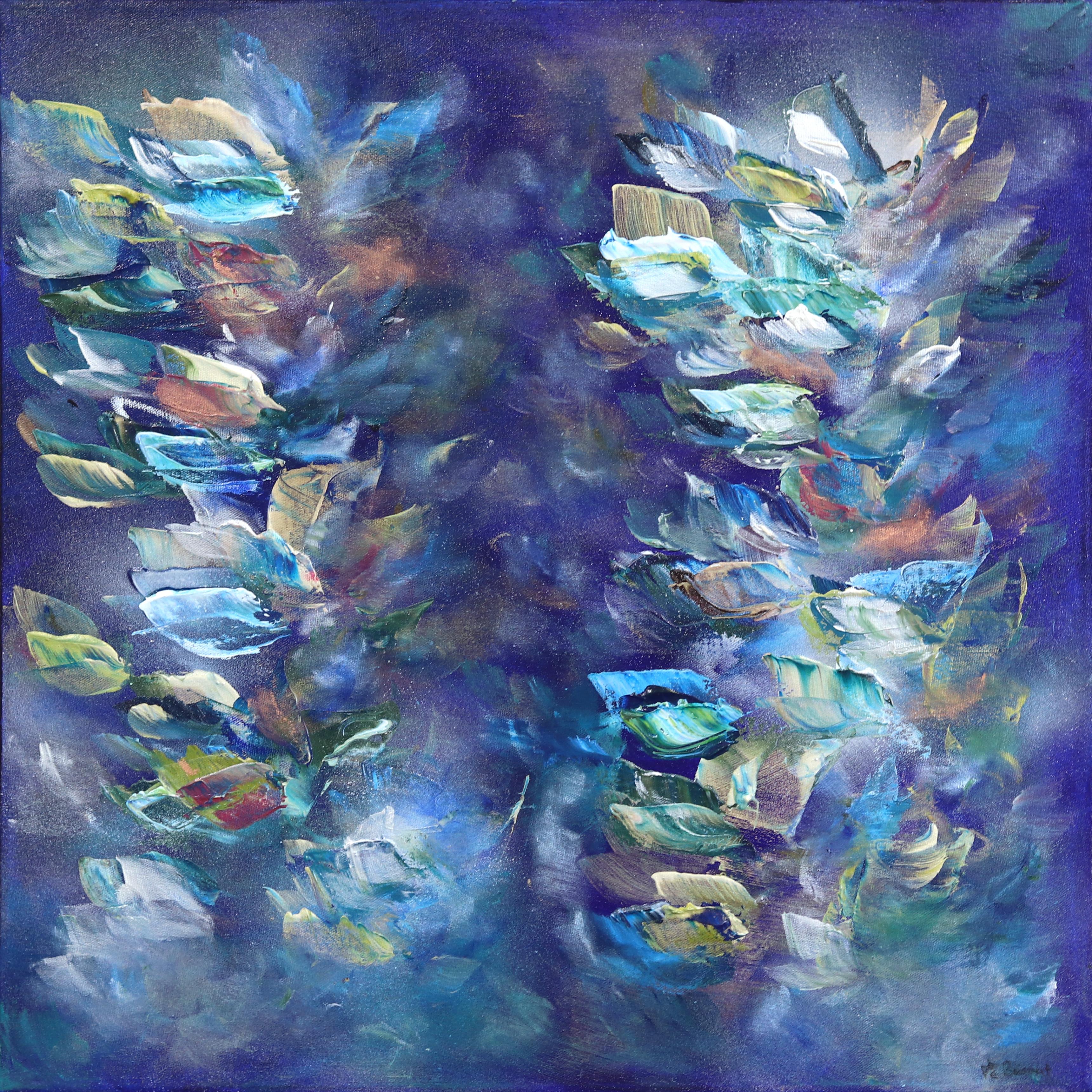 Vè Boisvert Abstract Painting - Snorkeling Together - Luminous Cool Tone Textural Abstract Floral Painting