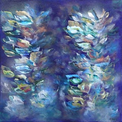 Snorkeling Together - Luminous Cool Tone Textural Abstract Floral Painting
