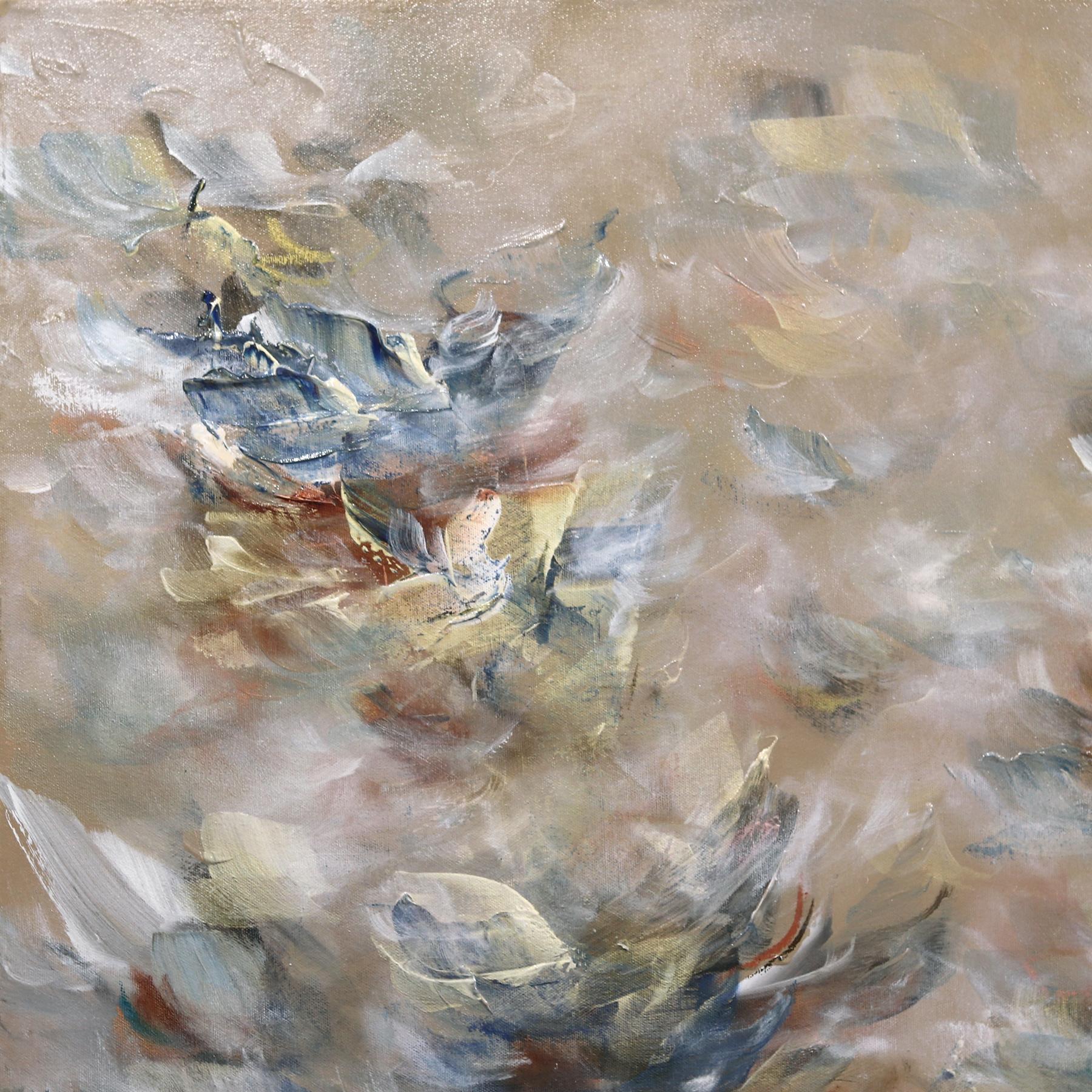 Sonnenuntergang über Sand - große abstrakte texturale weiche Neutrale und blaue Töne Malerei (Abstrakt), Painting, von Vè Boisvert