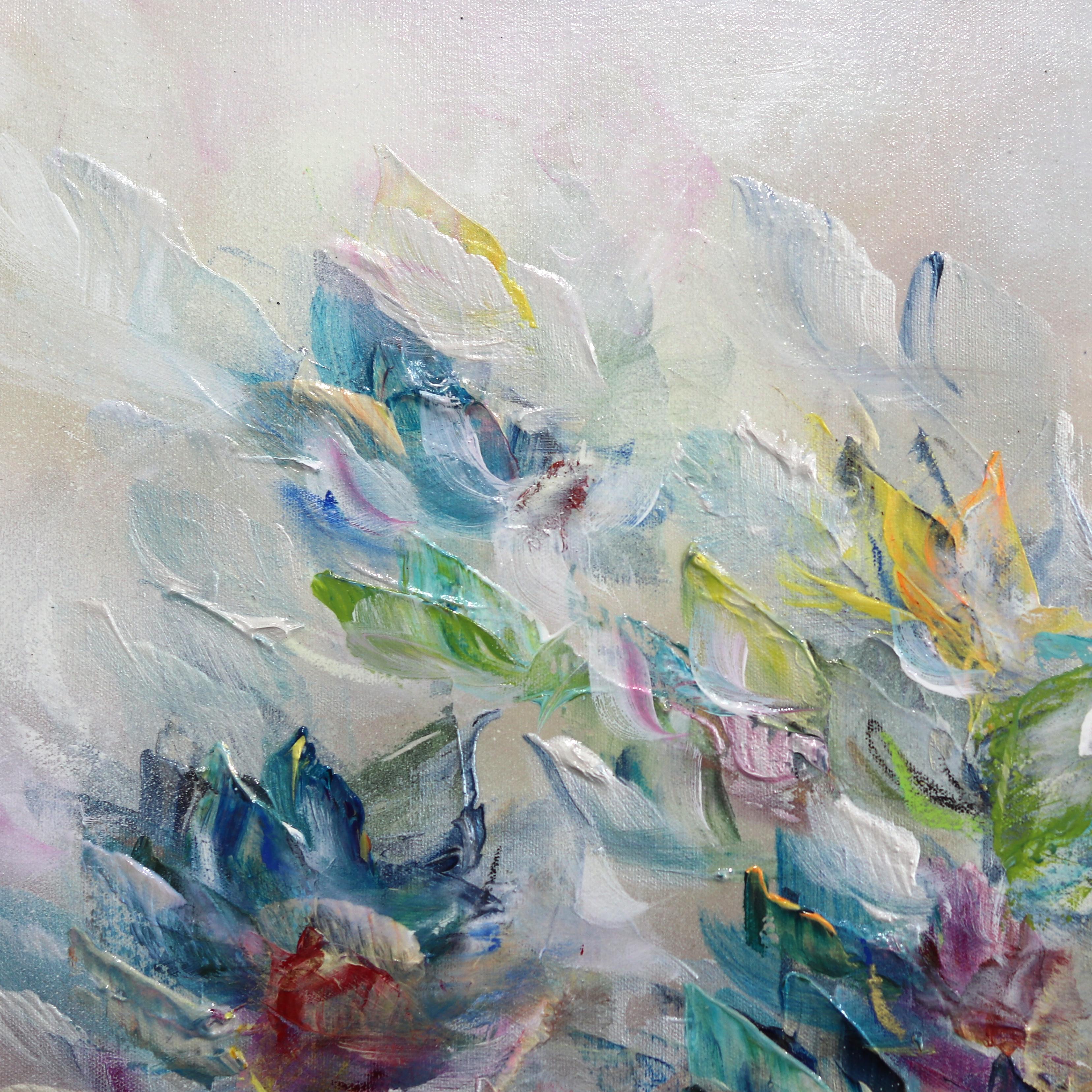 Tales of Flying and Adventures - Soft Abstract Floral Landscape Painting For Sale 3