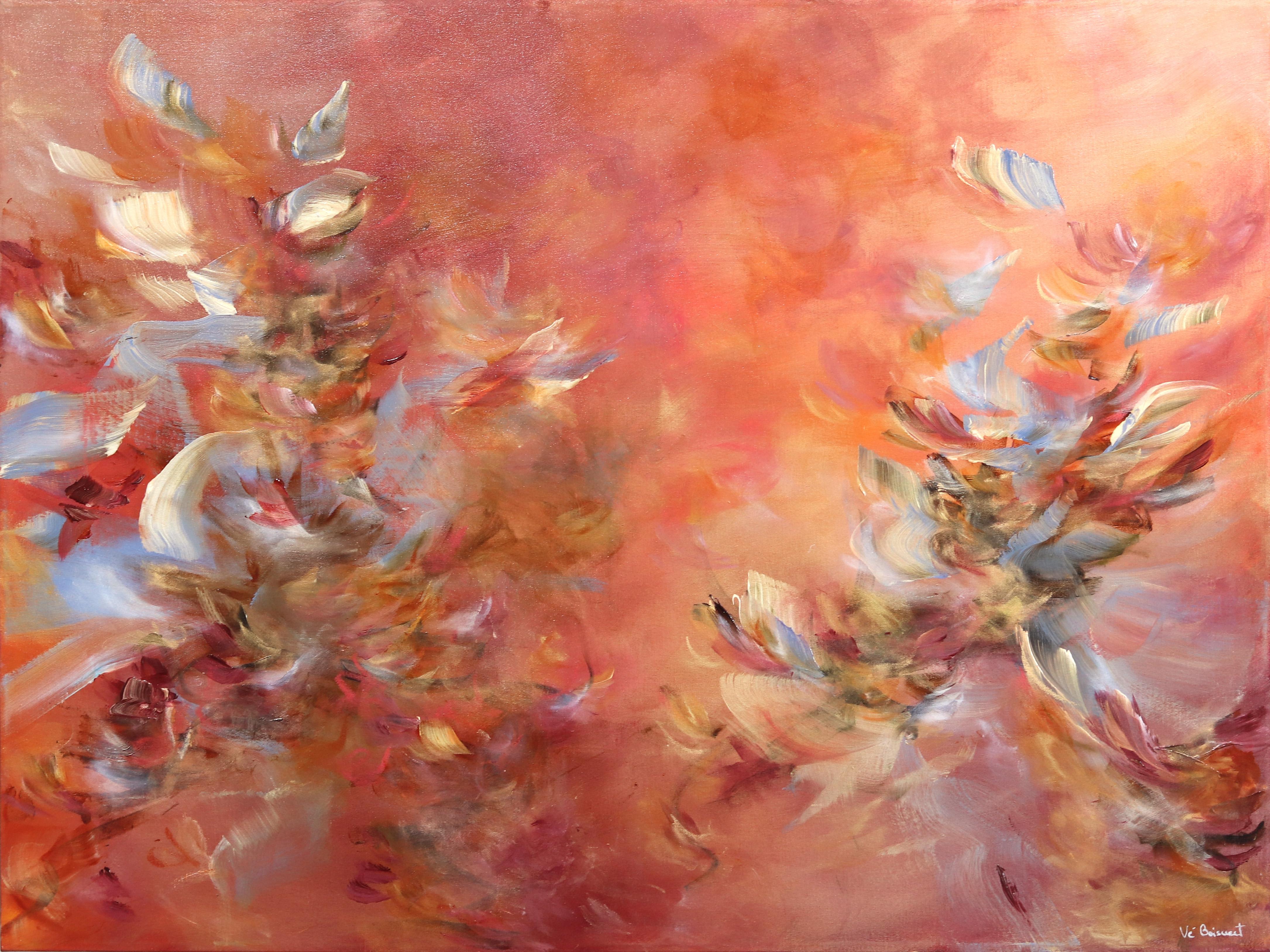 Vè Boisvert Abstract Painting – Venus - Ätherische abstrakte Blumenmalerei in Blush, Koralle und Gold