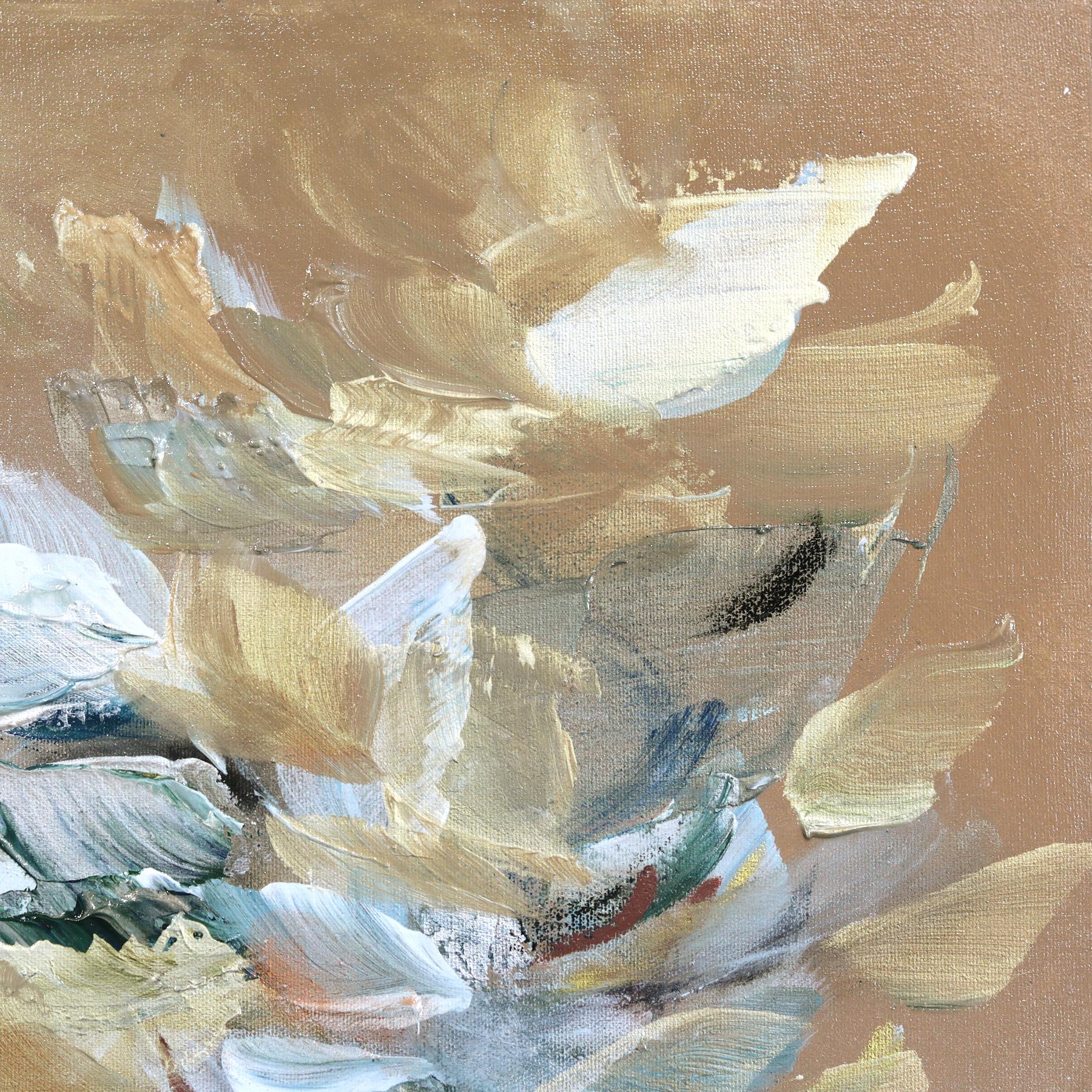 Vagues de liberté - Peinture acrylique abstraite à la texture dorée et florale en vente 2