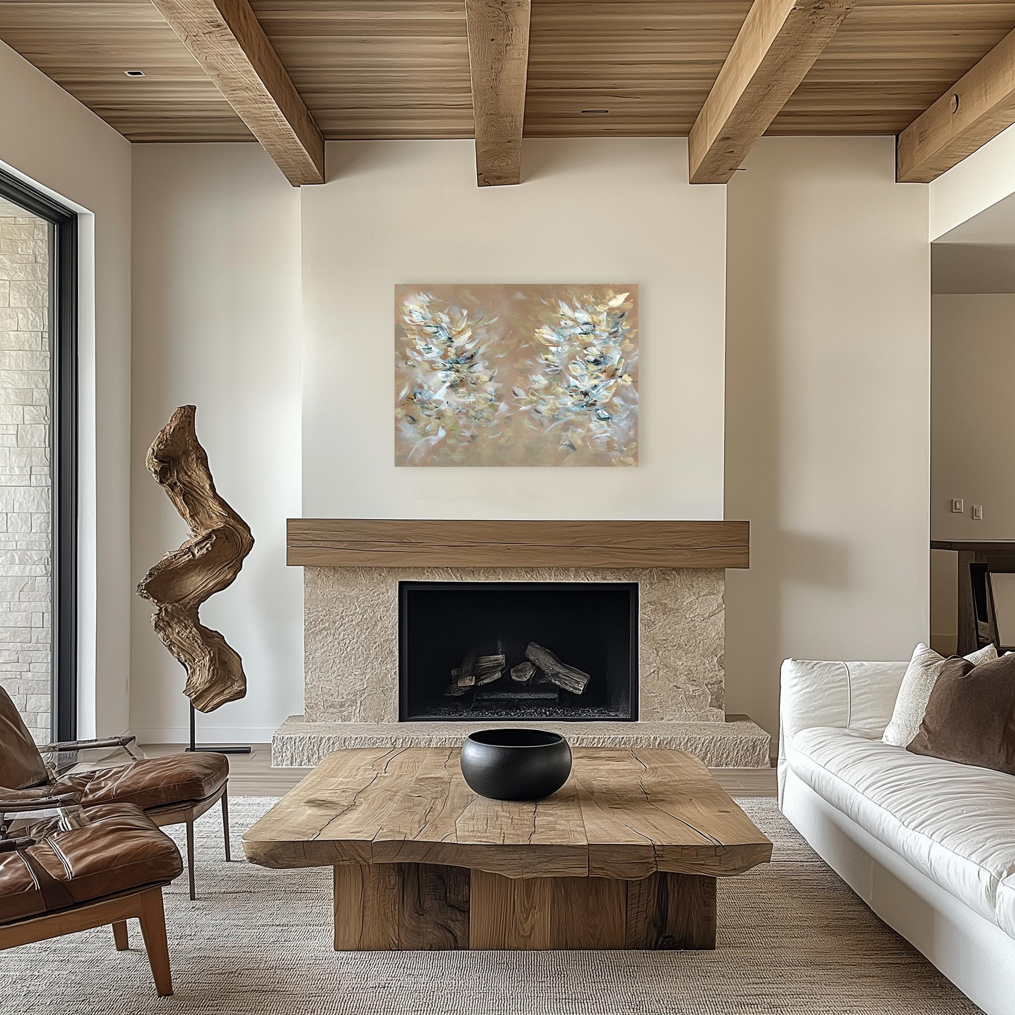 Vagues de liberté - Peinture acrylique abstraite à la texture dorée et florale en vente 3