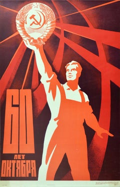 Original Vintage Poster October Revolution 60 Year Anniversary USSR Soviet Union