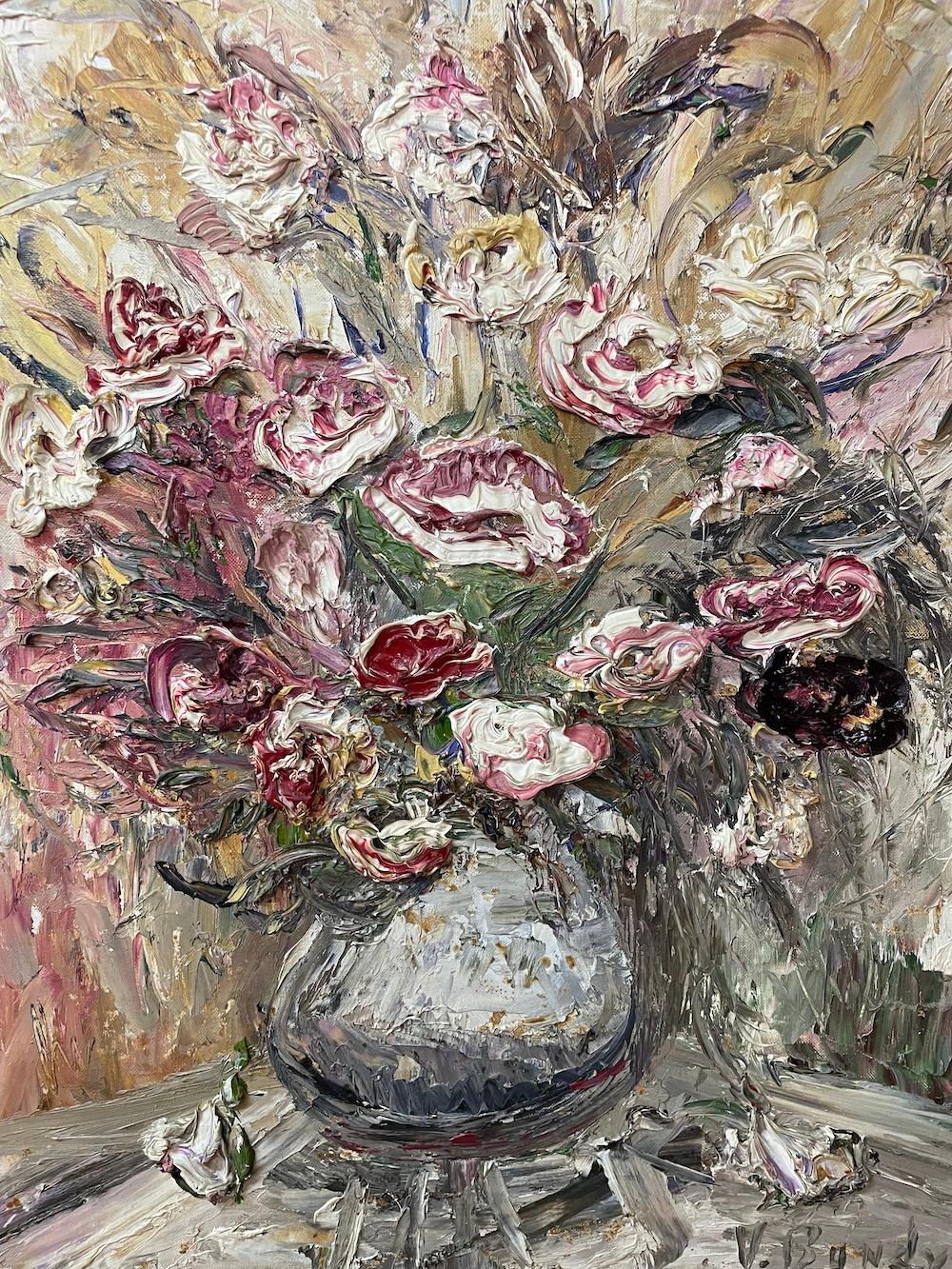 (Untitled) A Tonalist’s Triumph of Roses and Anthurium - Painting by V. Bundy