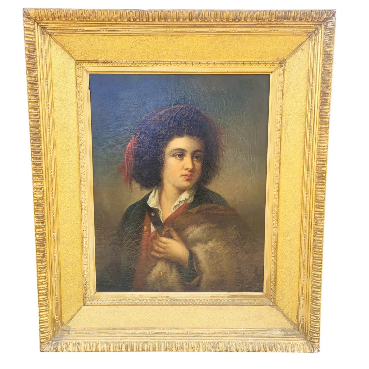 Zwei Porträts, die ein junges neapolitanisches Paar in traditioneller Kleidung darstellen, signiert von dem italienischen Künstler Vincenzo Caprile  

Gerahmte Ölgemälde auf Leinwand, nicht unterfüttert, einige Rückgaben und kleine Restaurierungen