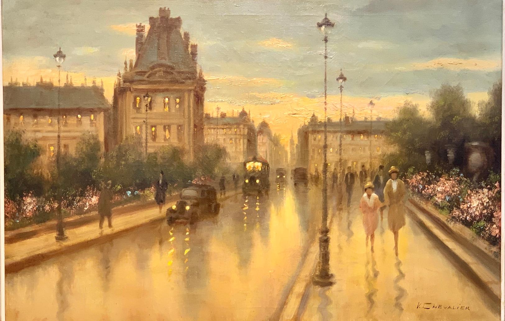 Veduta di Parigi al crepuscolo con figure che attraversano un ponte - Painting di V. Chevalier
