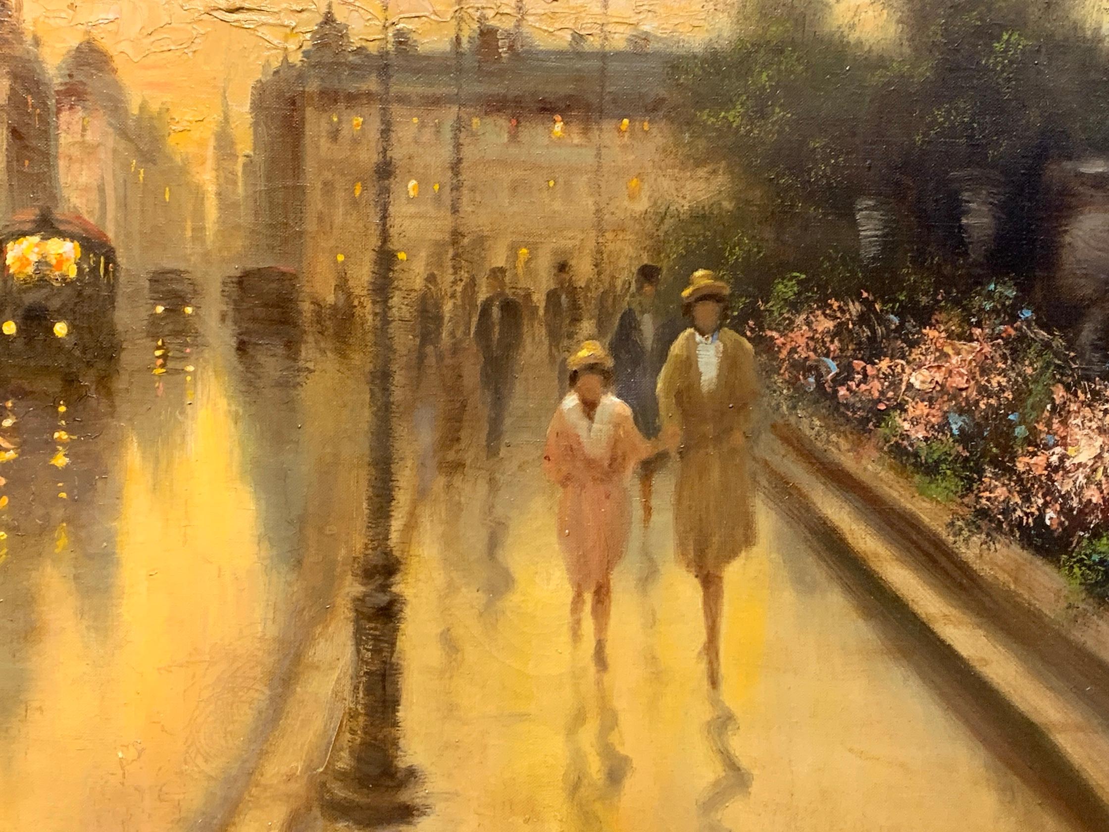 Veduta di Parigi al crepuscolo con figure che attraversano un ponte - Painting Impressionismo di V. Chevalier