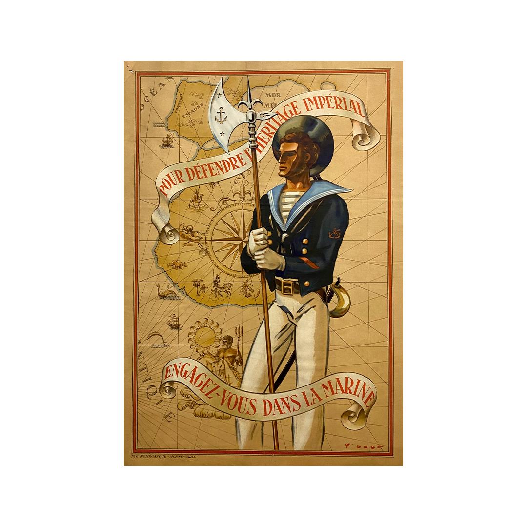 A wonderful vintage poster made in the 1940's to encourage the population to join the French Navy.

It shows a sailor standing at attention, protecting a maritime map of southern Europe and Africa

Military - Marine - Colony - Engage in the