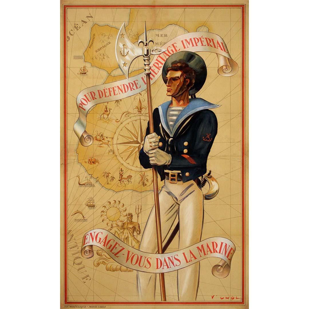 Print V. Chol - Affiche originale datant de CIRCA 1940 - Pour défendre l
héritage impérial Rejoignez la Marine - WWII