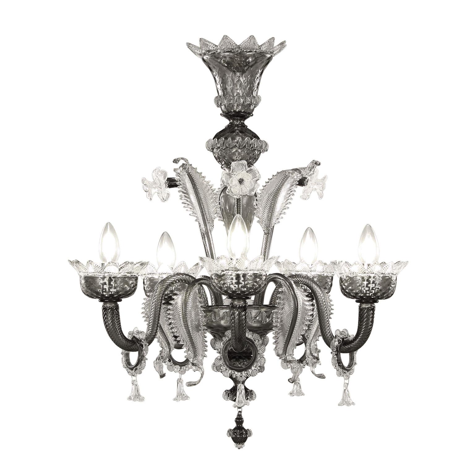 Italian Venetian style Chandelier 5 arms Grey Murano Glass Clear Details by Multiforme For Sale