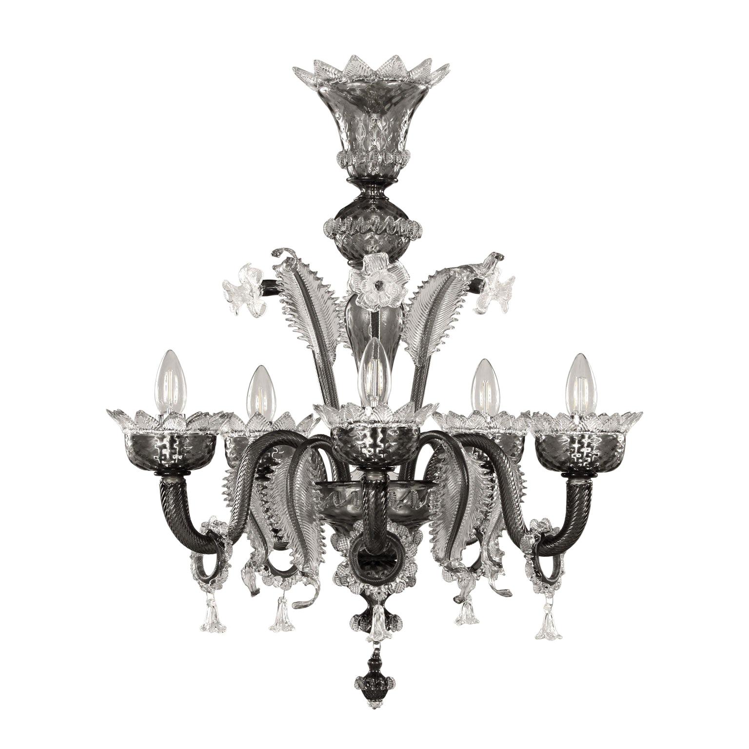 Venetian style Chandelier 5 arms Grey Murano Glass Clear Details by Multiforme For Sale