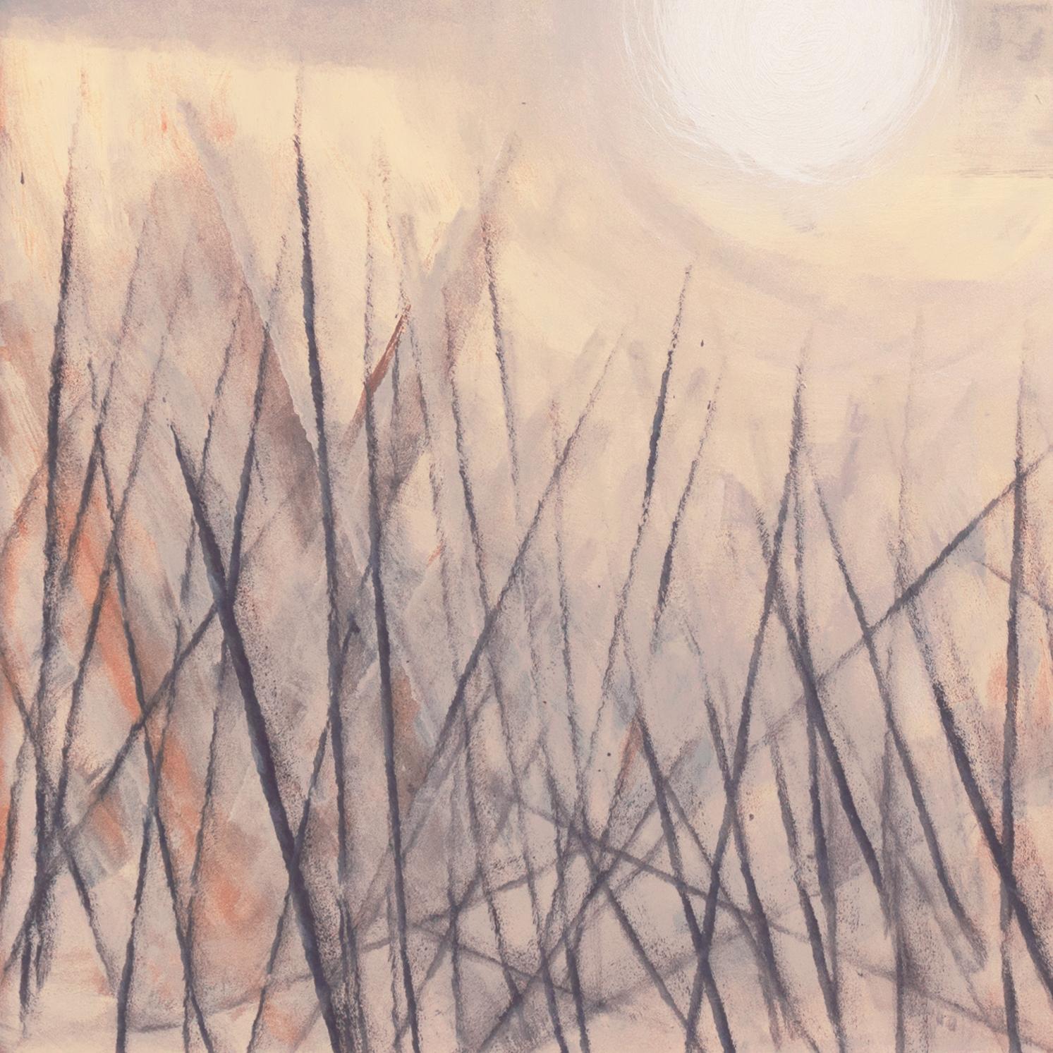 „Goldener Delta-Sonnenuntergang“, modernistische Mid-Century-Landschaft mit Wassergräsern (Braun), Landscape Painting, von V. Crowell