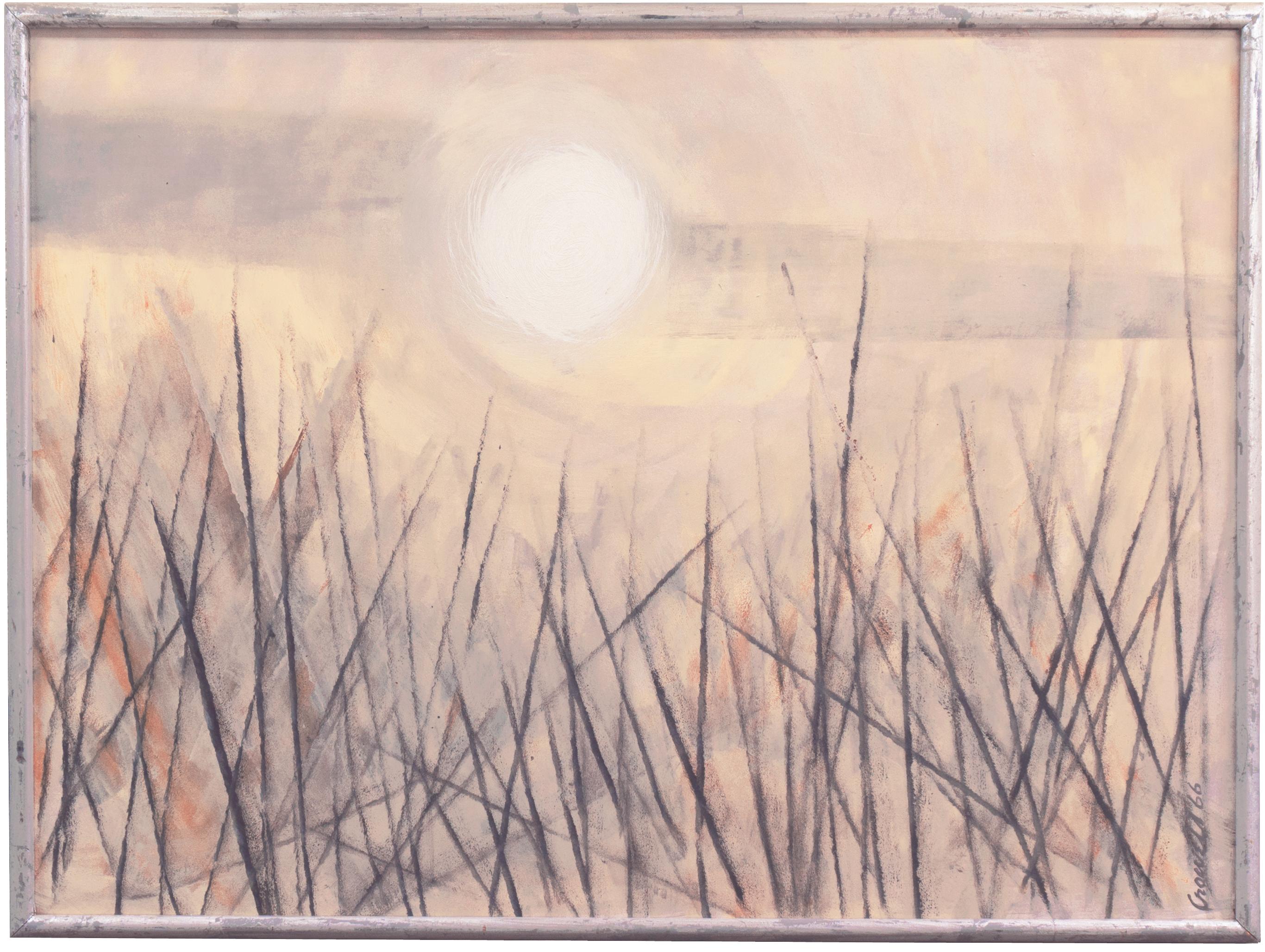 V. Crowell Landscape Painting – „Goldener Delta-Sonnenuntergang“, modernistische Mid-Century-Landschaft mit Wassergräsern