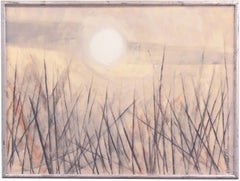 „Goldener Delta-Sonnenuntergang“, modernistische Mid-Century-Landschaft mit Wassergräsern