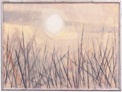 Atardecer dorado en el Delta", Paisaje estuarino modernista de mediados de siglo, Pastos acuáticos