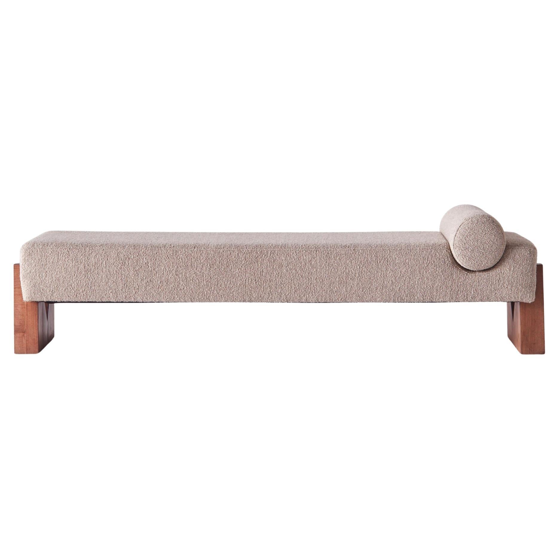 Grey Bouclé Upholstered Daybed with V-Shaped Beechwood Base, Model V