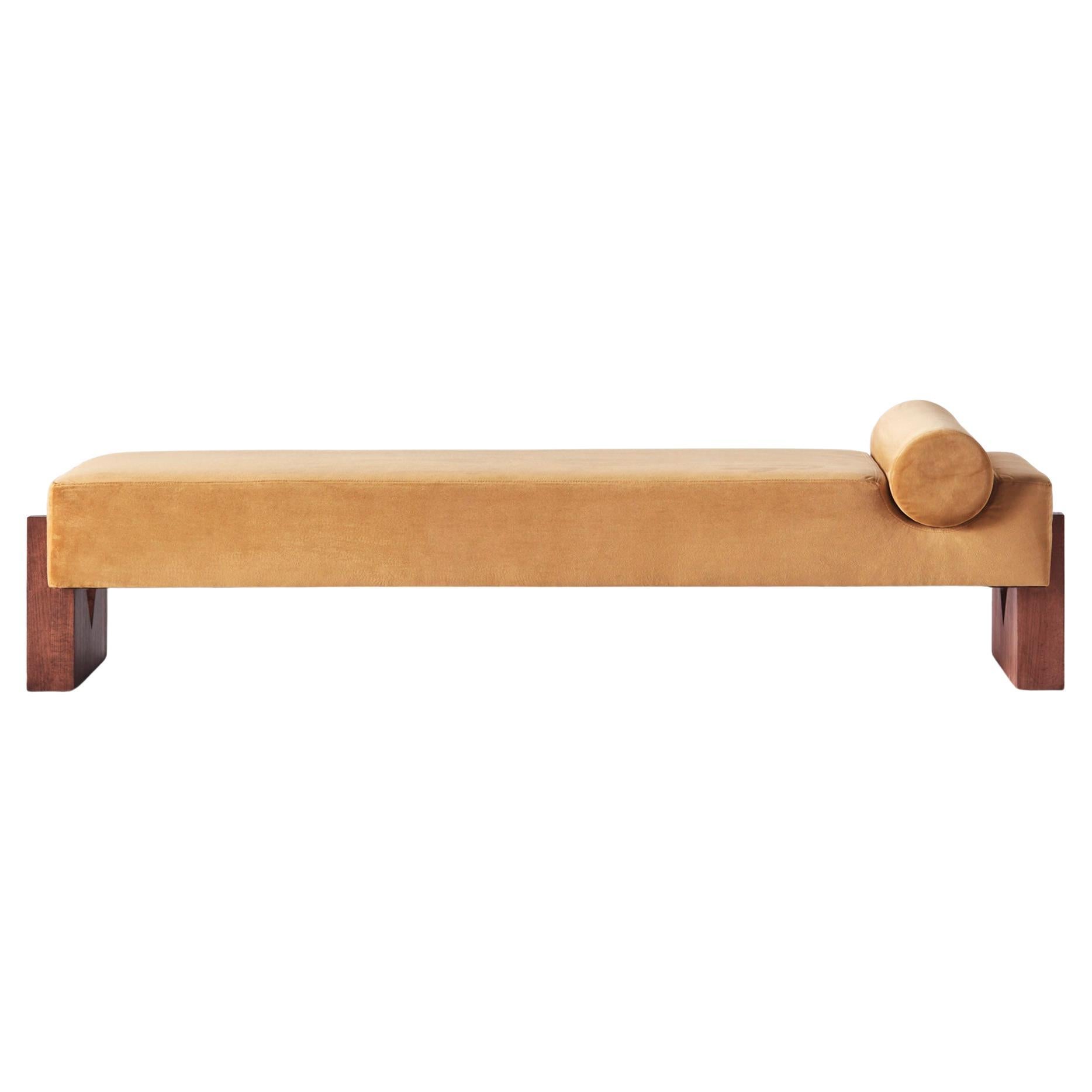 "V" Day Bed Yellow Velvet and Beechwwod base (Mid Century Style)