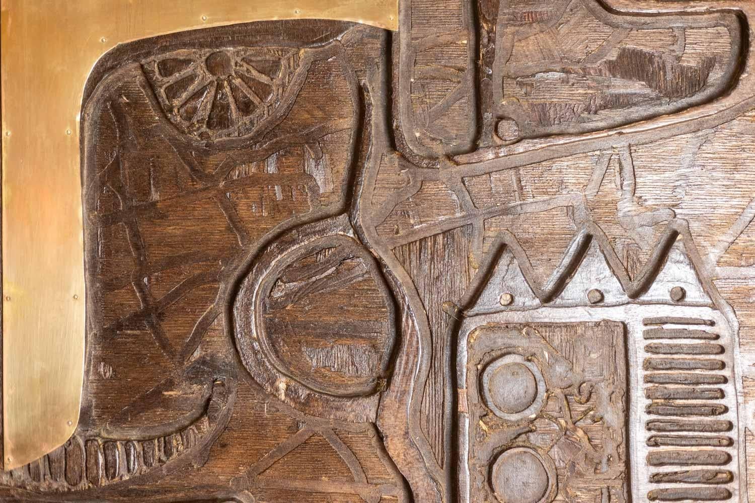 V. de Segonzac. Modernistisches Triptychon aus geschnitztem Holz. Zeitgenössisch. im Angebot 4