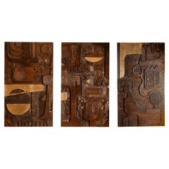 V. de Segonzac. Modernist triptych in carved wood. Contemporary.