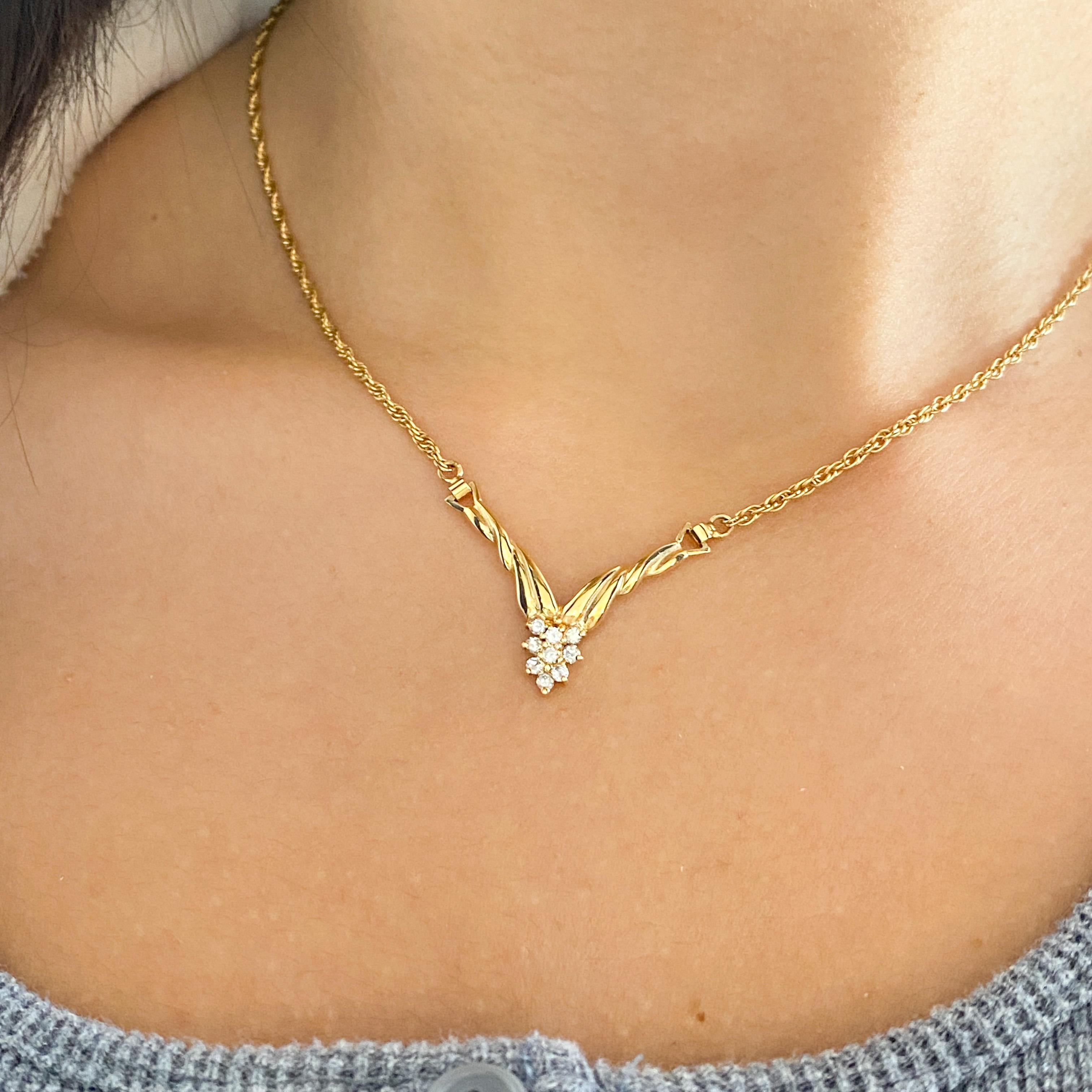 Round Cut Diamond Cluster Chevron Necklace 14K Yellow Gold V Choker Pear Cluster .35 carat For Sale