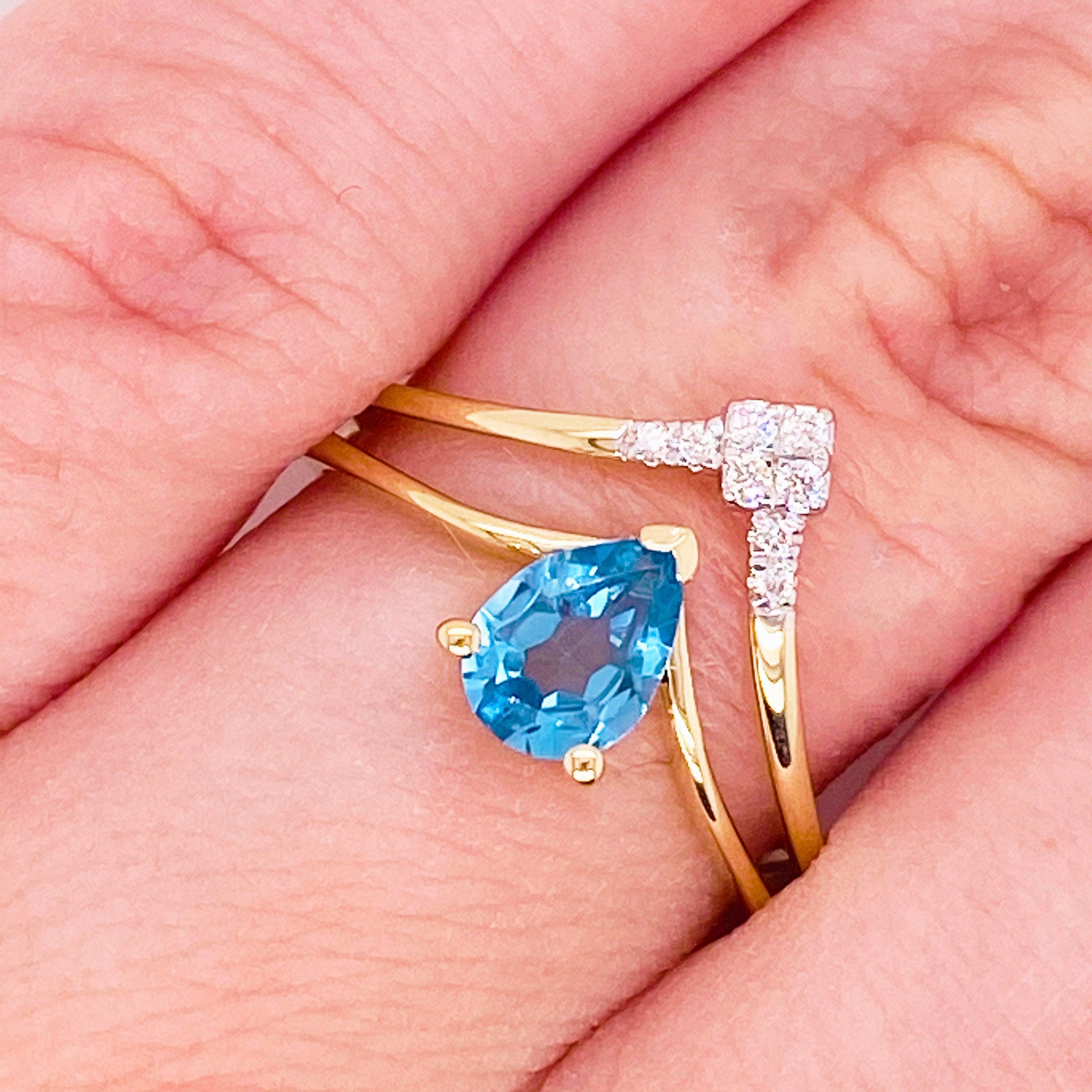 For Sale:  V Diamond Ring, 14 Karat Yellow Gold Pear Blue Topaz, Gabriel & Co. LR51454Y45BT 2
