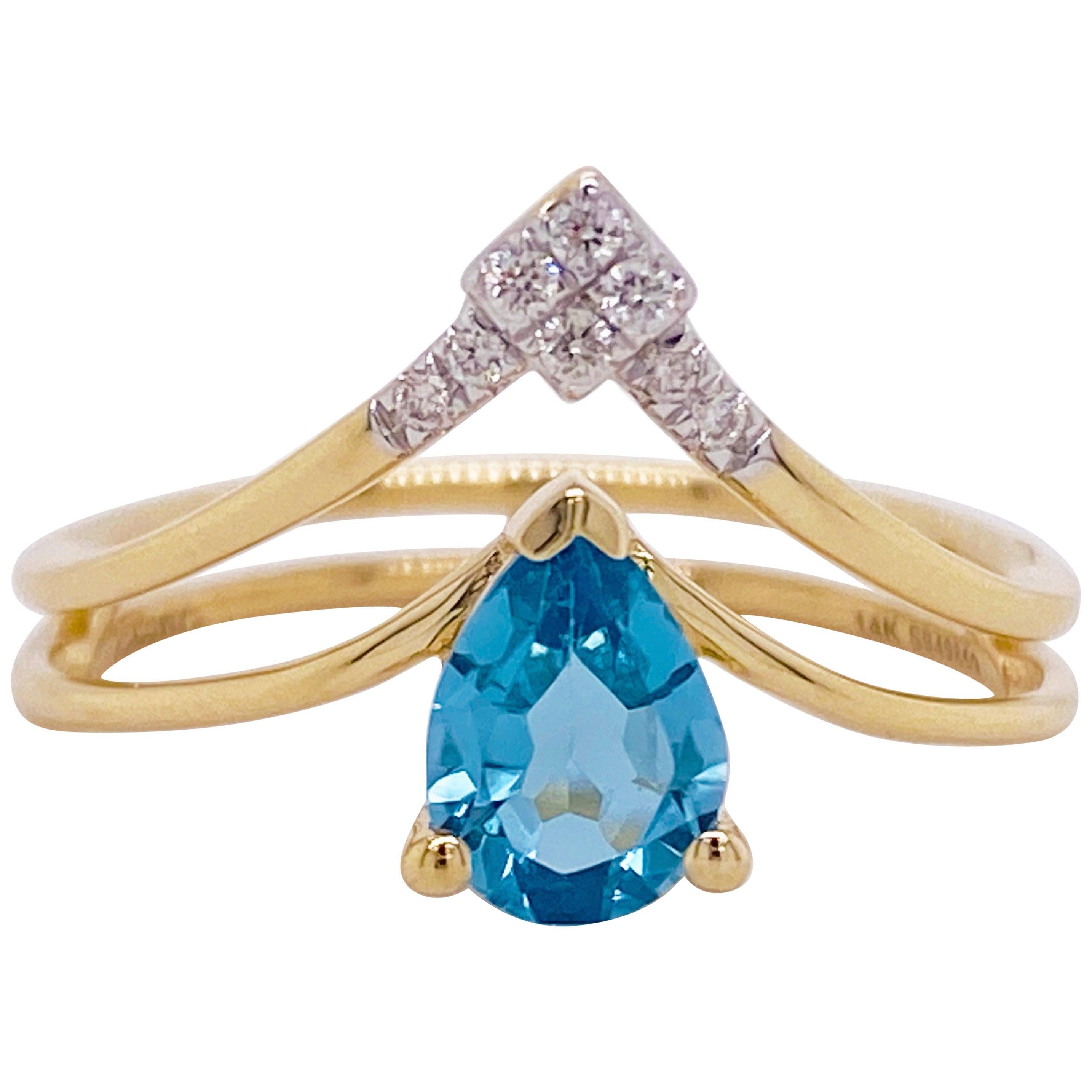V Diamond Ring, 14 Karat Yellow Gold Pear Blue Topaz, Gabriel & Co. LR51454Y45BT