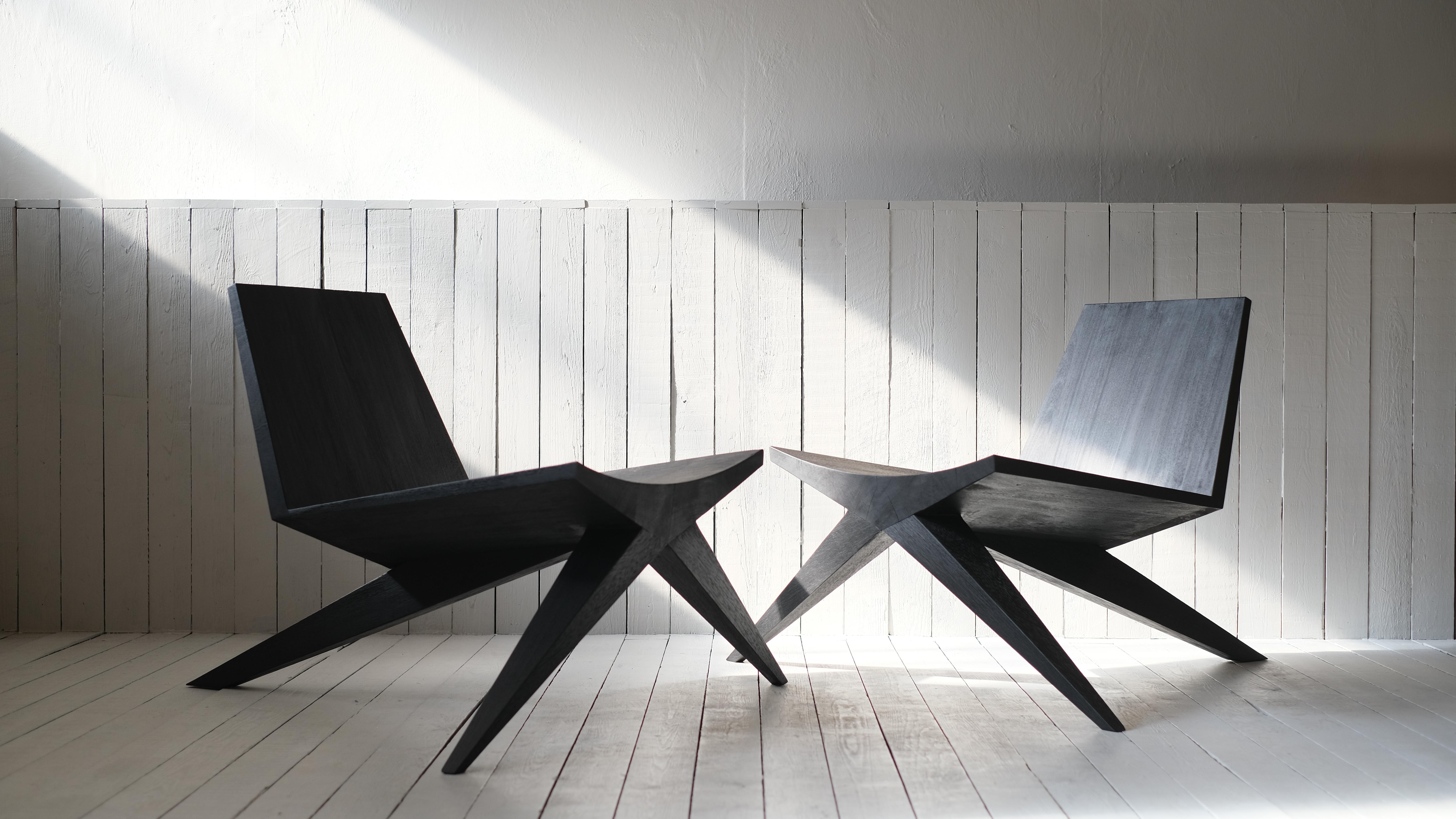 V-easy chair men by Arno Declercq
Dimensions: D100 x W90 x H70 cm
Materials: burned and waxed Iroko wood
Signed by Arno Declercq

Arno Declercq
Belgian designer and art dealer who makes bespoke objects with passion for design, atmosphere,