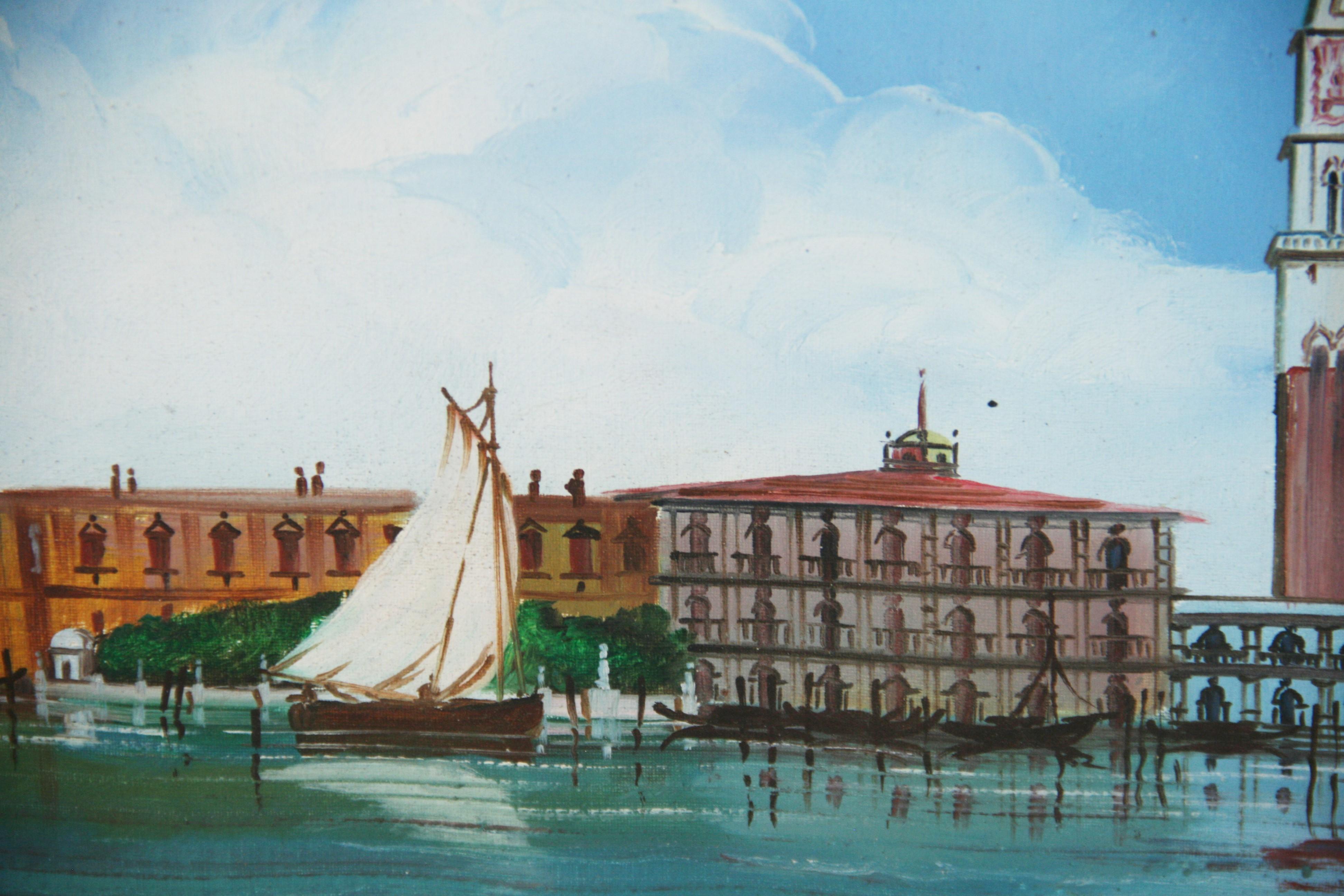 Peinture italienne d'époque représentant la place Saint-Marc vue de la lagune en vente 7