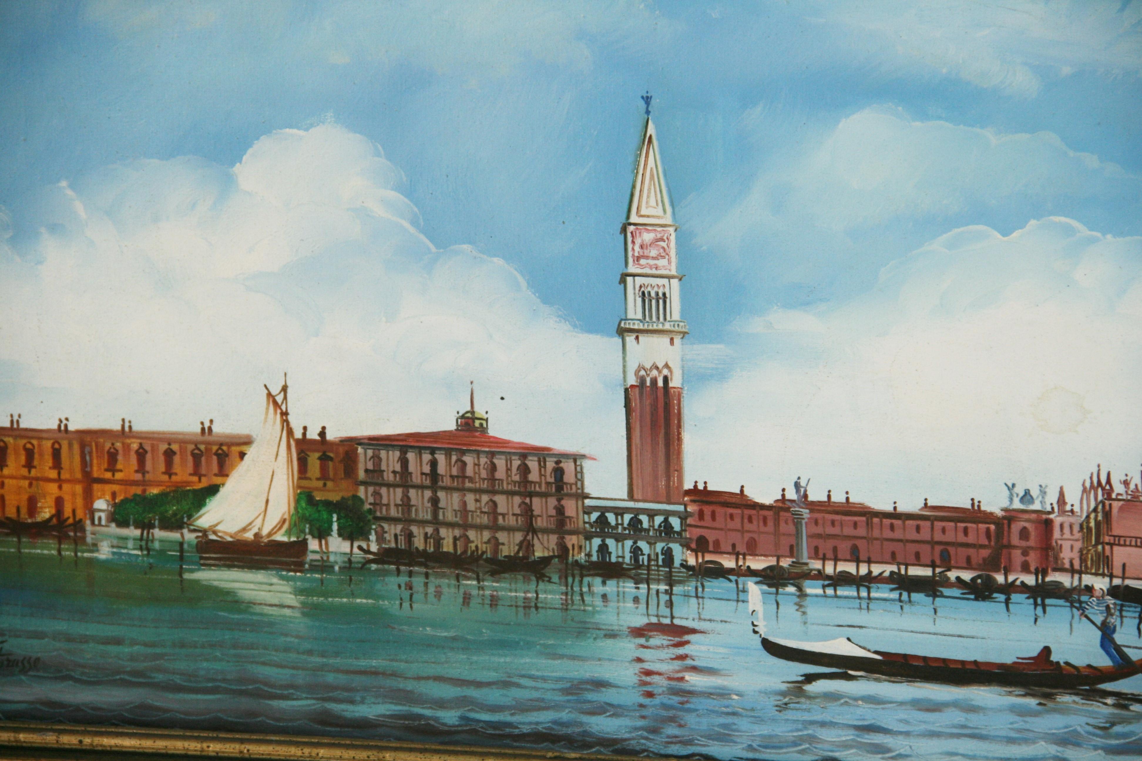 Peinture italienne d'époque représentant la place Saint-Marc vue de la lagune - Bleu Landscape Painting par V. Fattorusso