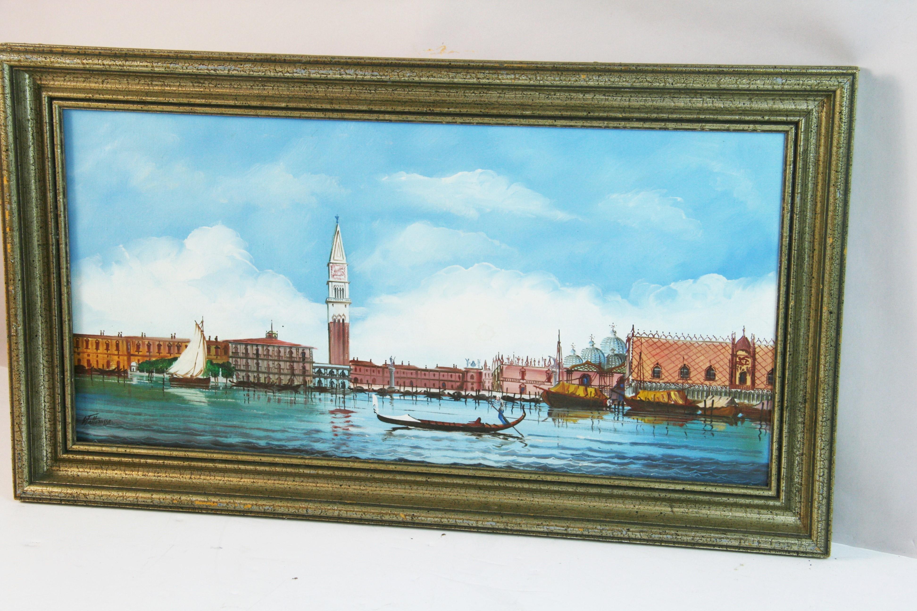 6010 Peinture italienne vintage de la place Saint-Marc vue de la lagune
Cadre doré
Signé
