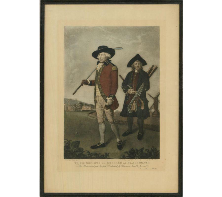 A fine hand coloured aquatint showing a finely dressed golfer and his caddy on the old Blackheath course. The original piece was based on a painting by Lemuel Francis Abbott and was issued by Valentine Green as a Mezzotint print, circa 1790. It is