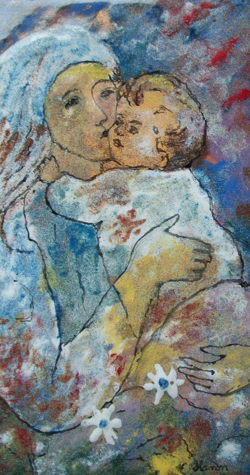 V. HANON (unknown artist/maker) - 'Mother & Child' - Modernist enamel painting on copper panel - float mounted on wood panel - hanger to the back - country of origin unknown - mid 20th century. 

Good vintage condition - minor enamel edge chip (as