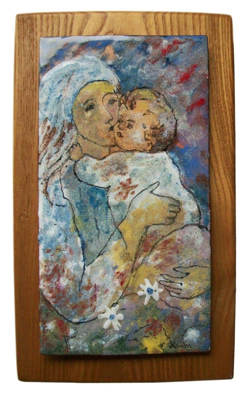 V. HANON, „Mutter und Kind“, modernistisches Emaille-Gemälde auf Kupfer, Mitte des 20. Jahrhunderts. (Moderne der Mitte des Jahrhunderts) im Angebot