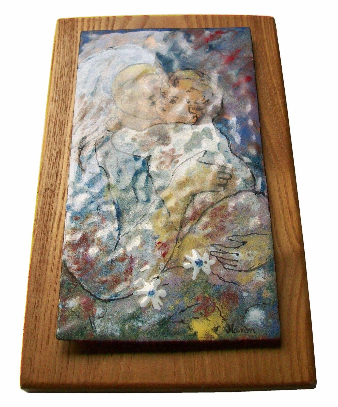 Mid-Century Modern V. HANON, 'Mother & Child', Modernist Enamel on Copper Painting, Mid 20th C. For Sale