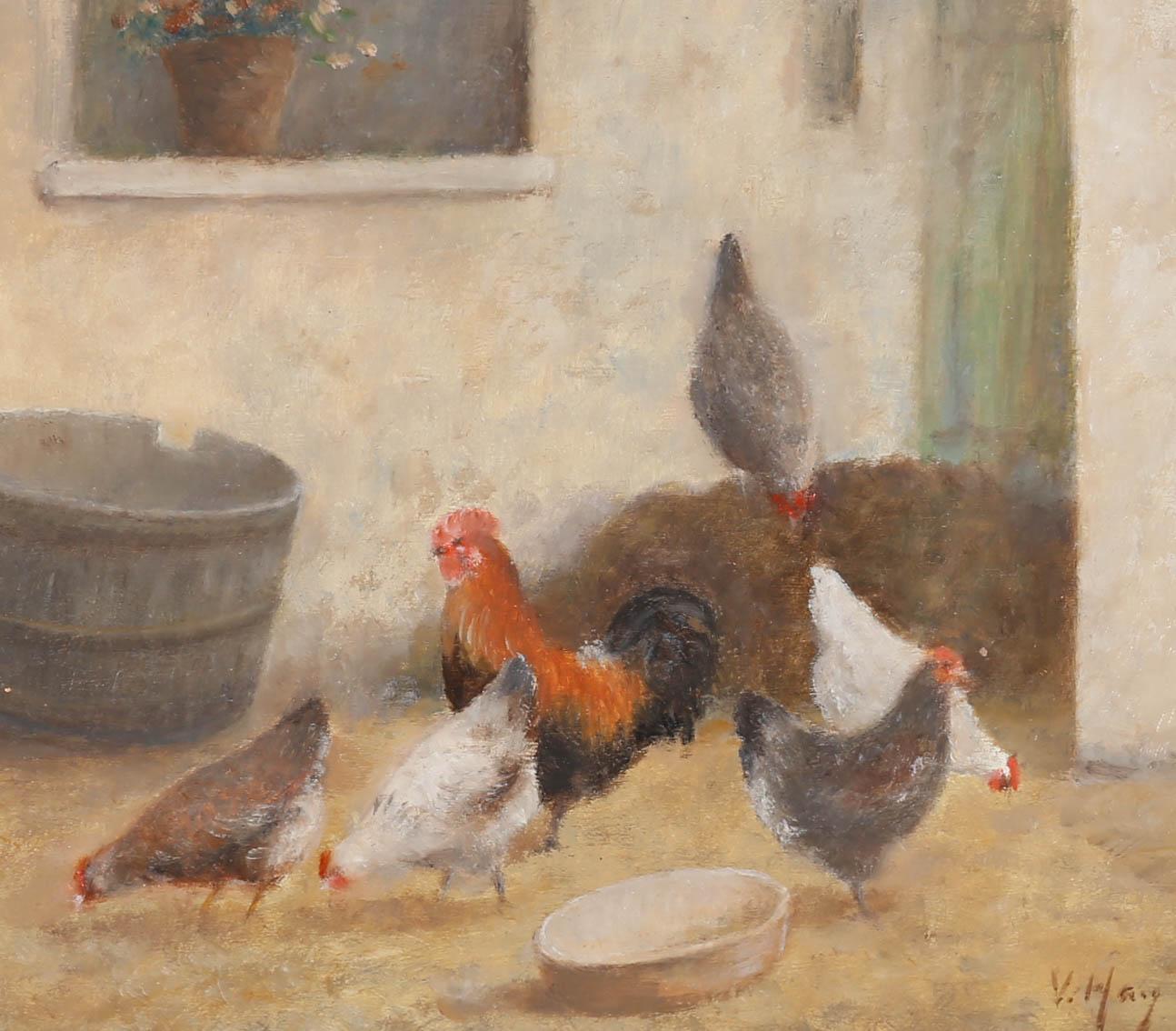 V. Hay - Framed Early 20th Century Oil, Cockerel Watch For Sale 1