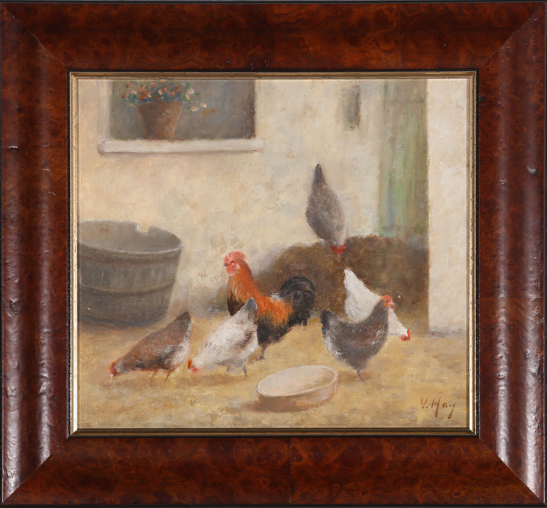 A charming early 20th century oil, depicting a group of hens and a cockerel, peacefully feeding in a farmer's yard. The painting is signed to the lower right-hand corner. Beautifully presented in an elegant burr wood frame with gilt slip detail. On
