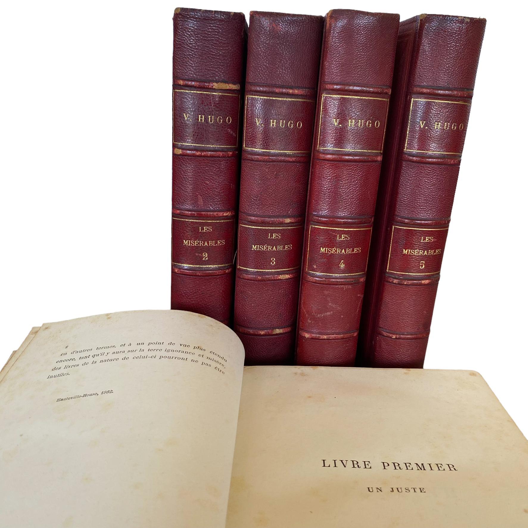 Direct from France, ships from Boston.
Like Les Mis? Read French? This will make the best gift for your bookshelf or for your loved one.
Seems to be 1862 1st edition  - see 2nd photo on the page left
Edition Herzel-Quantin in Paris
All 5 books are